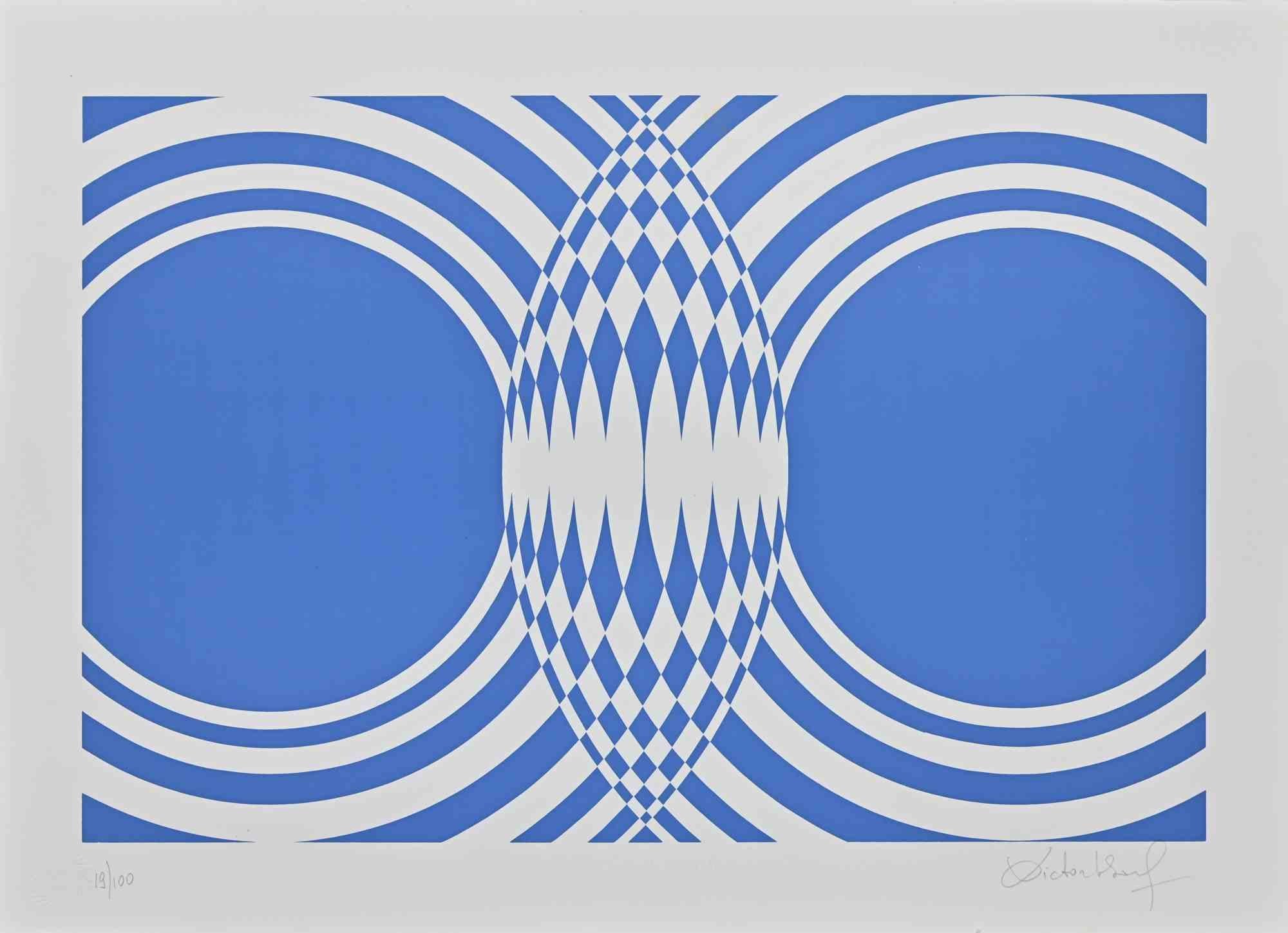 Composition bleue - Impression sérigraphiée de Victor Debach - 1970