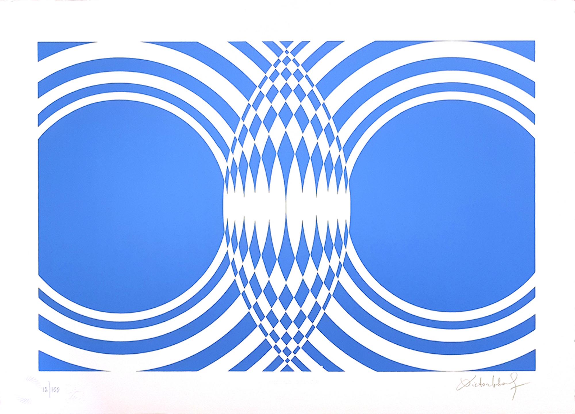 Victor Debach Abstract Print - Blue Composition - Screen Print by V. Debach - 1970s