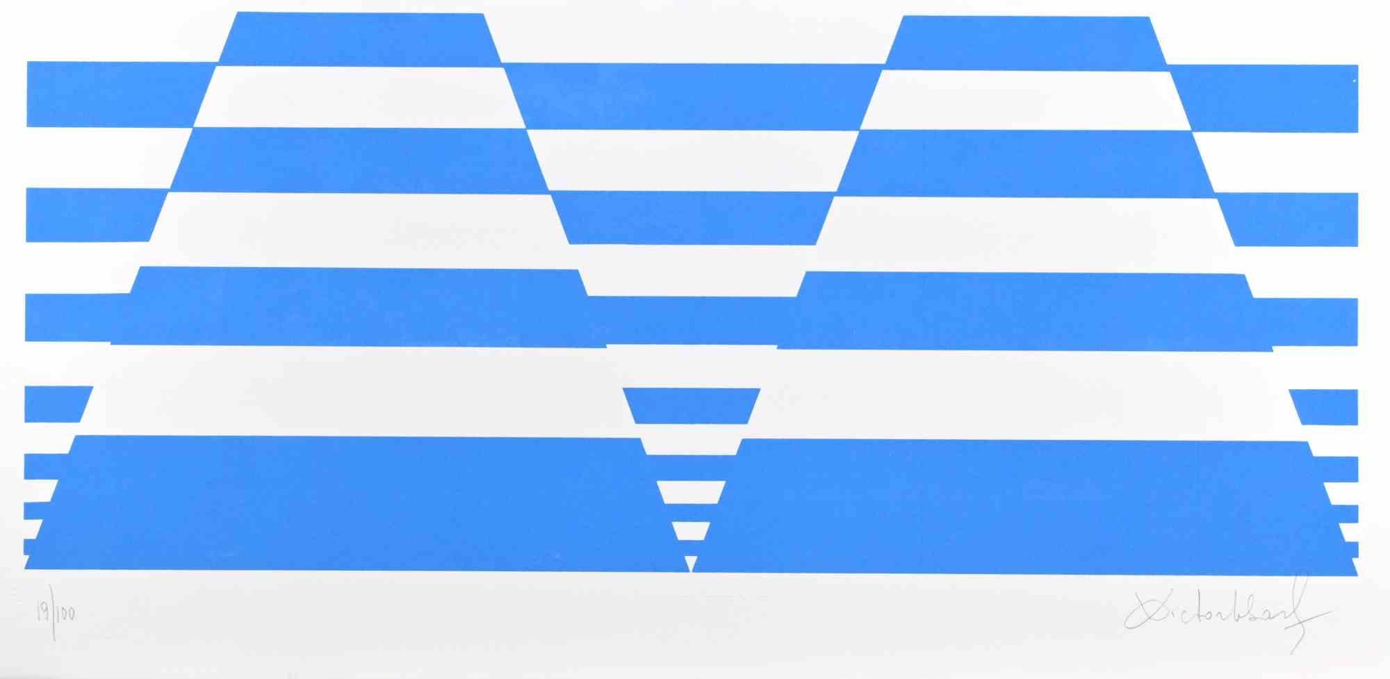 Blue Composition  - Screen Print by Victor Debach - 1970s For Sale 1
