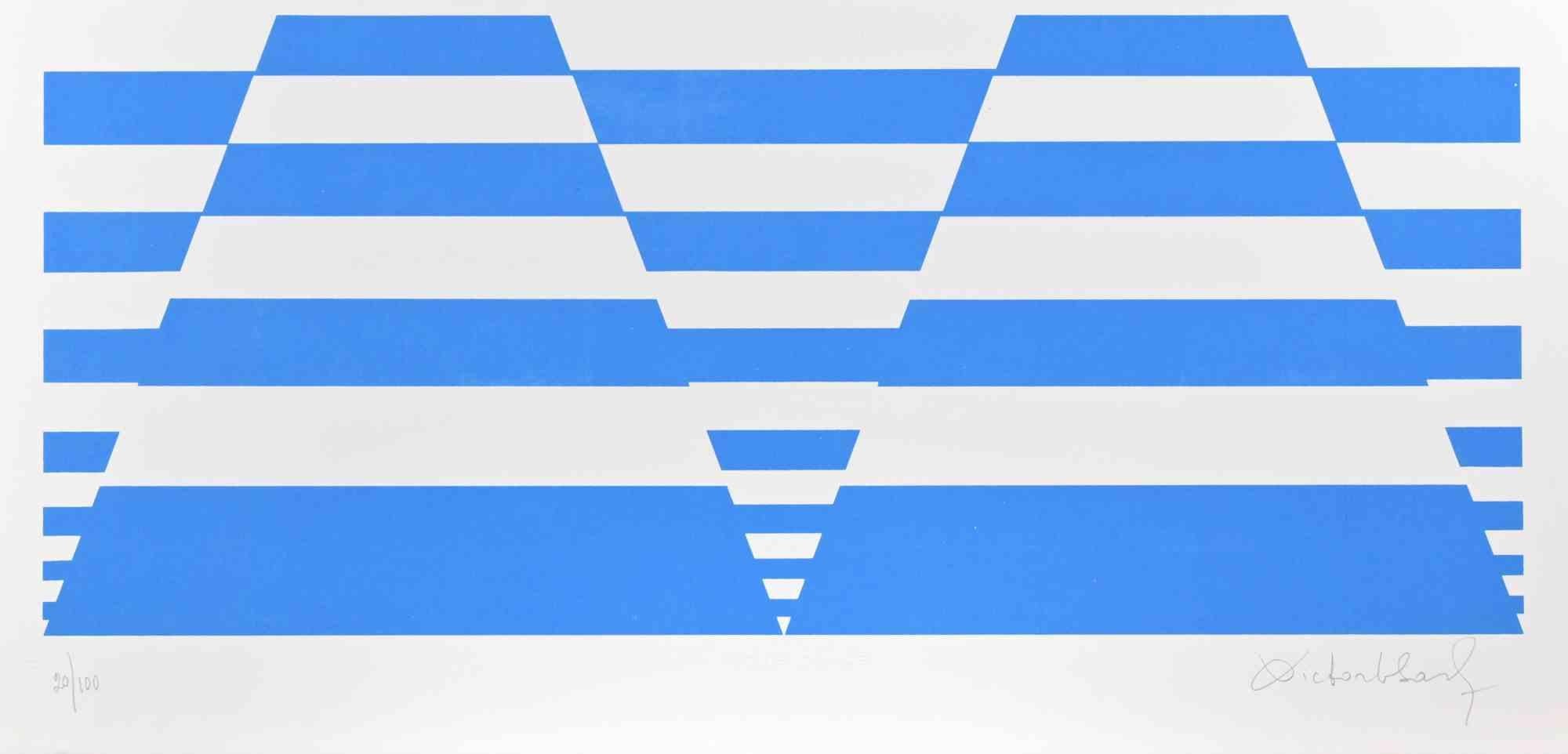 Blue Composition  - Screen Print by Victor Debach - 1970s For Sale 1