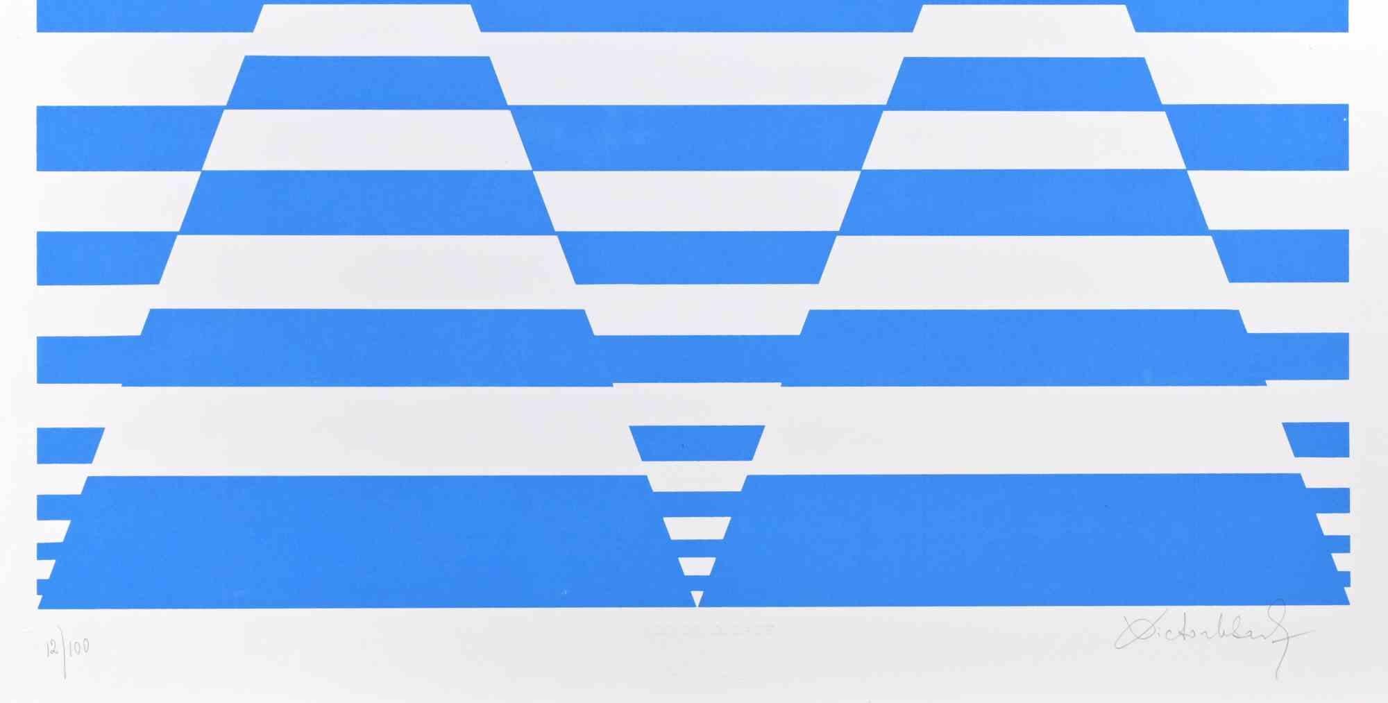 Blue Composition  - Screen Print by Victor Debach - 1970s For Sale 1
