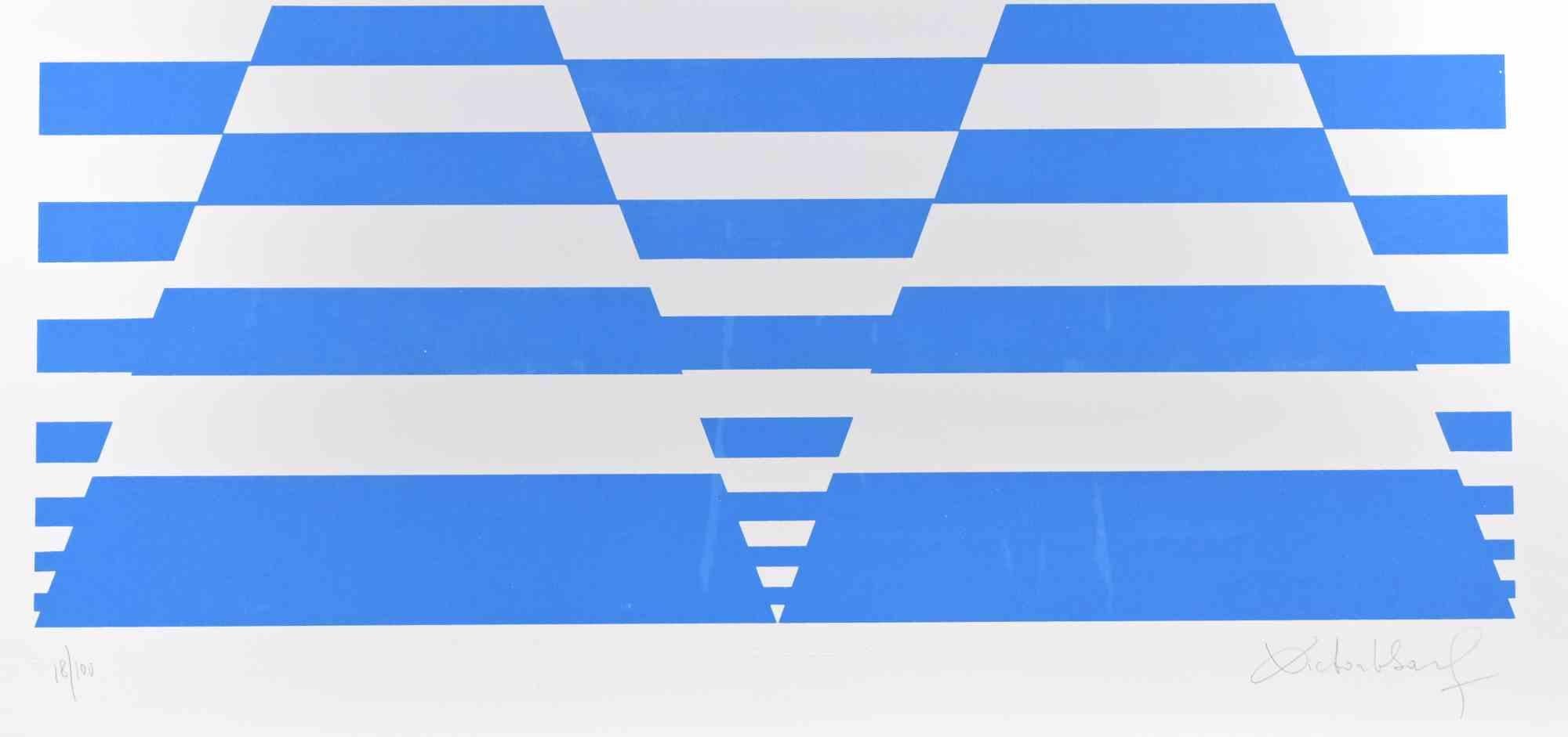 Blue Composition  - Screen Print by Victor Debach - 1970s For Sale 1