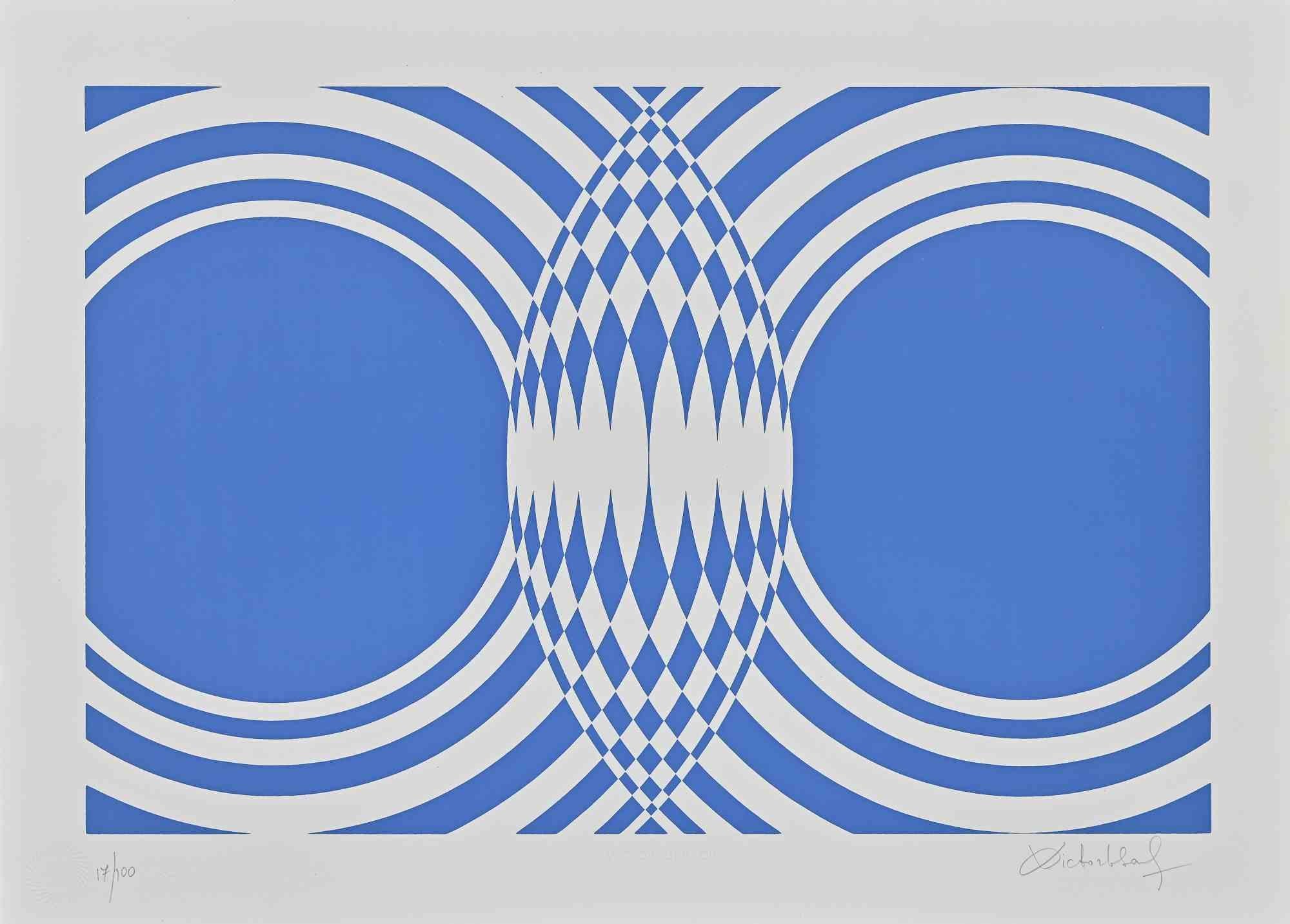 Blue Composition is a contemporary artwork realized by Victor Debach in the 1970s.

Mixed colored screen print on paper.

Hand signed on the lower right margin.

Numbered on the lower left.

Edition of 17/100.