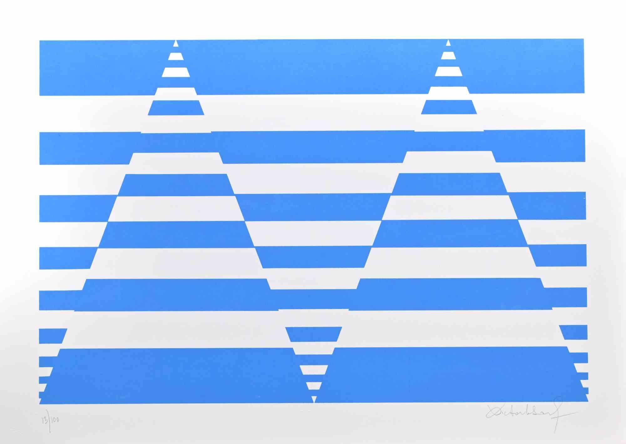 Blaue Komposition in einem Siebdruck von Victor Debach aus den 1970er Jahren.

50x70 cm.

Limitierte Auflage von 100 Stück.

Handsigniert mit Bleistift am rechten unteren Rand.

Erstklassiger Zustand.
