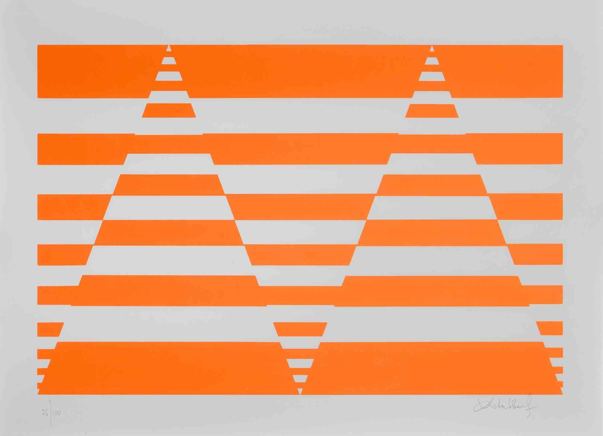 Fluo Orange Composition  is an original contemporary artwork realized by Victor Debach in the 1970s.

Mixed colored screen print on paper.

Hand signed on the lower right margin.

Numbered on the lower left.

Edition of 25/100.