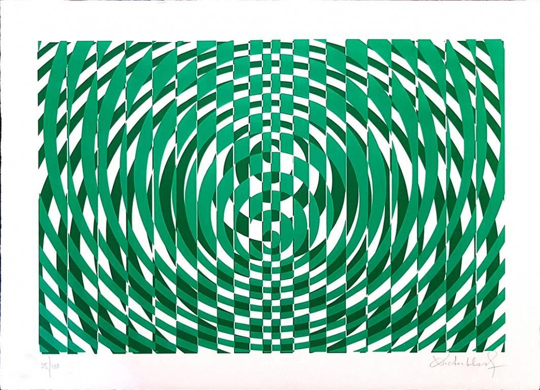 Victor Debach Abstract Print - Green Composition - Original Screen Print by V. Debach - 1970s