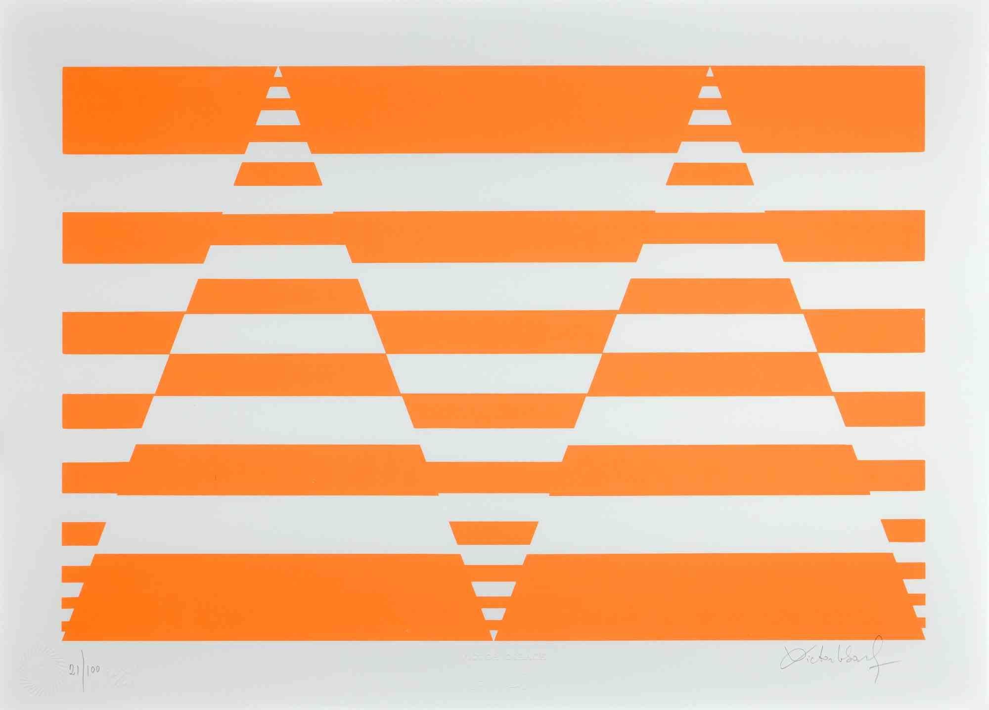 Orange Composition  is a screen print realized by Victor Debach in 1970s.

Hand signed and numbered. Edition of 100 prints. On headed paper.