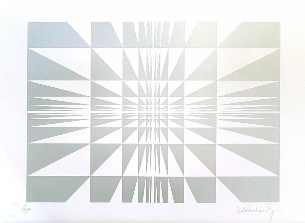 Victor Debach Abstract Print – Silberne Silberkomposition - Original Siebdruck von V. Debach - 1970er Jahre