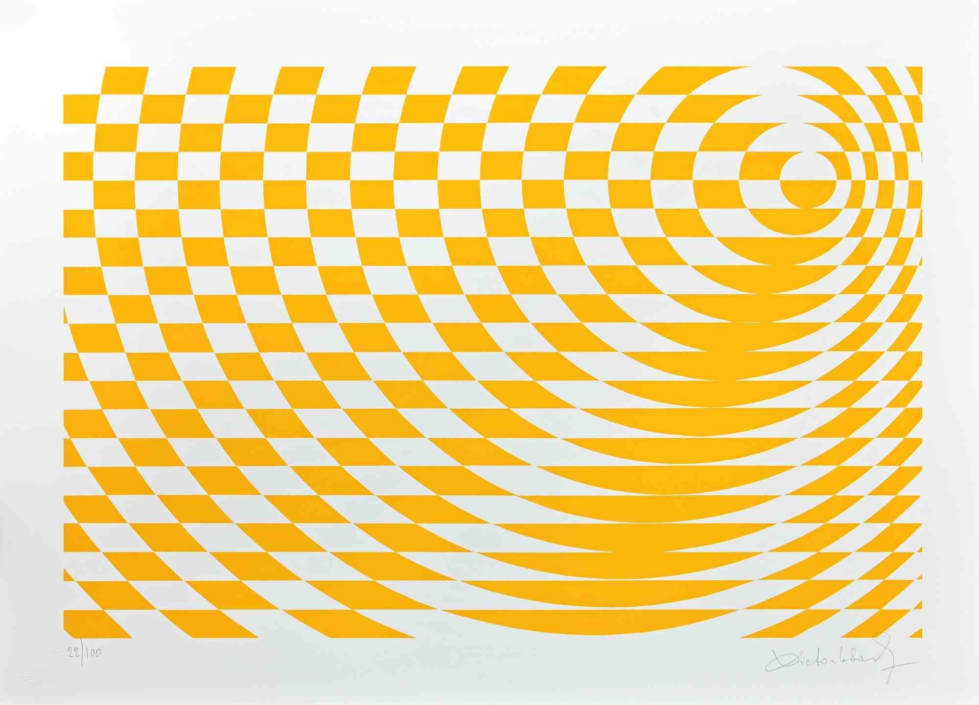 Gelbe Komposition – Siebdruck von Victor Debach – 1970er Jahre