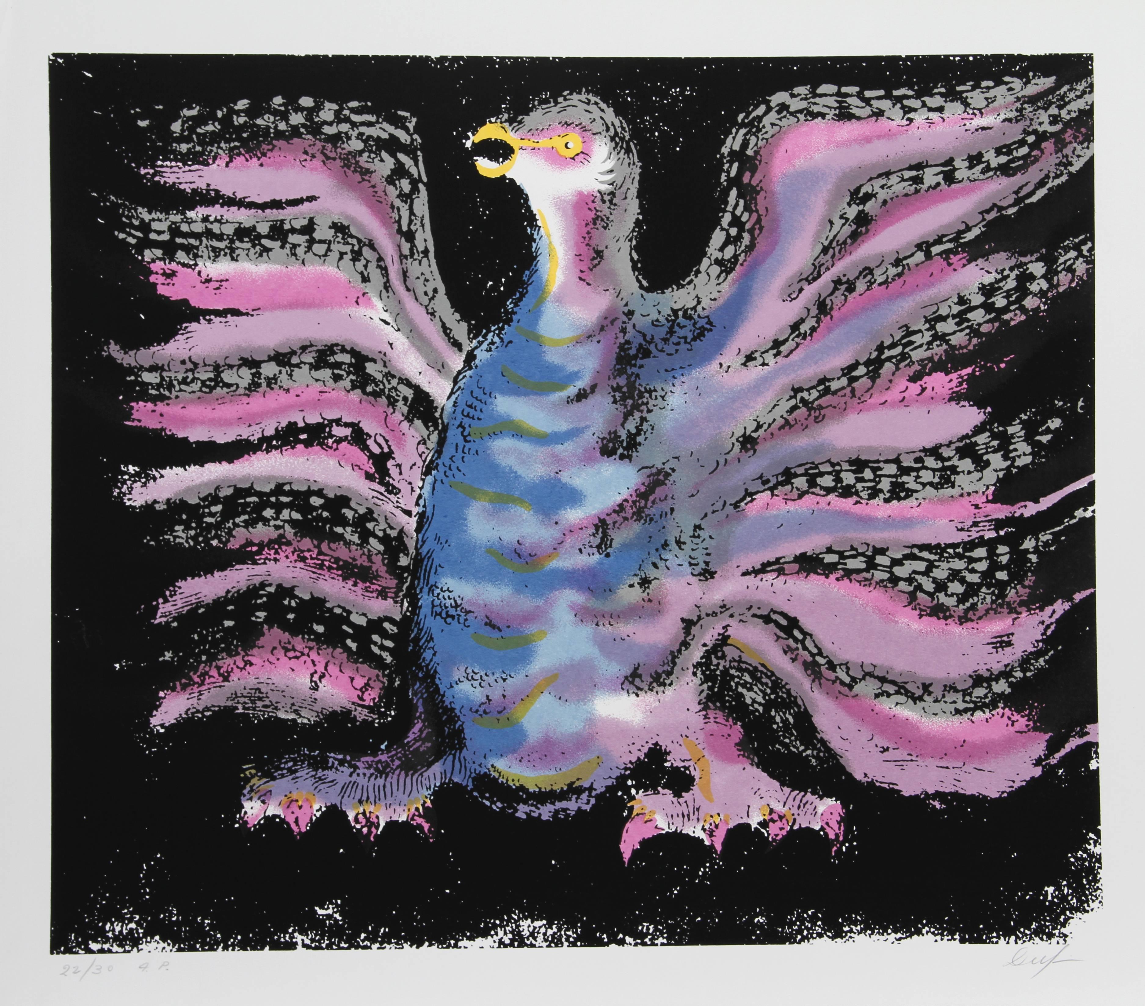 This print was created by Peruvian artist Victor Delfin. Delfin found the source of his inspiration in the ancient Paracan culture of Peru, part of the broader Incan civilization. Delfin's paintings and tapestries of birds reveals the depth of his