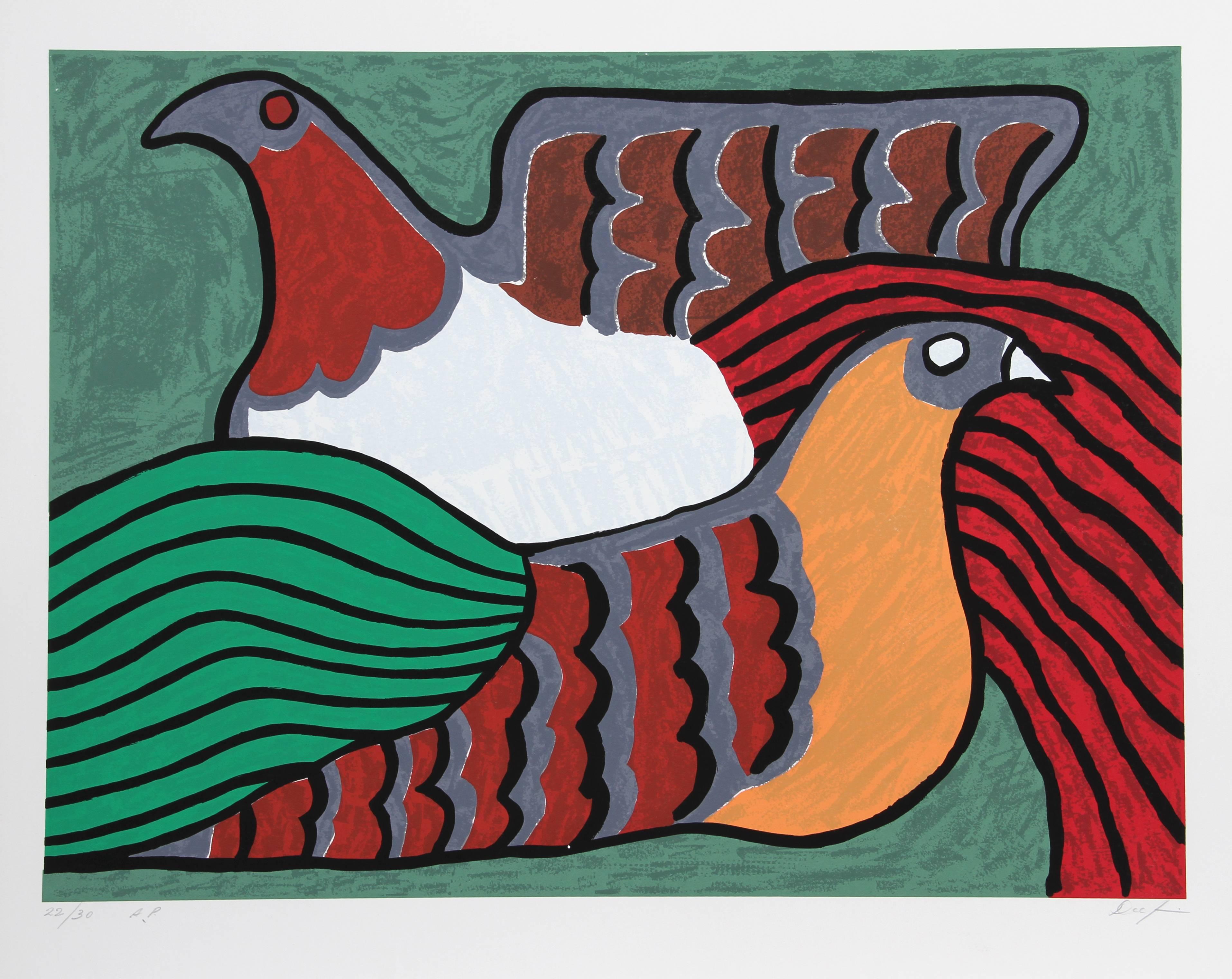 This print was created by Peruvian artist Victor Delfin. Delfin found the source of his inspiration in the ancient Paracan culture of Peru, part of the broader Incan civilization. Delfin's paintings and tapestries of birds reveals the depth of his