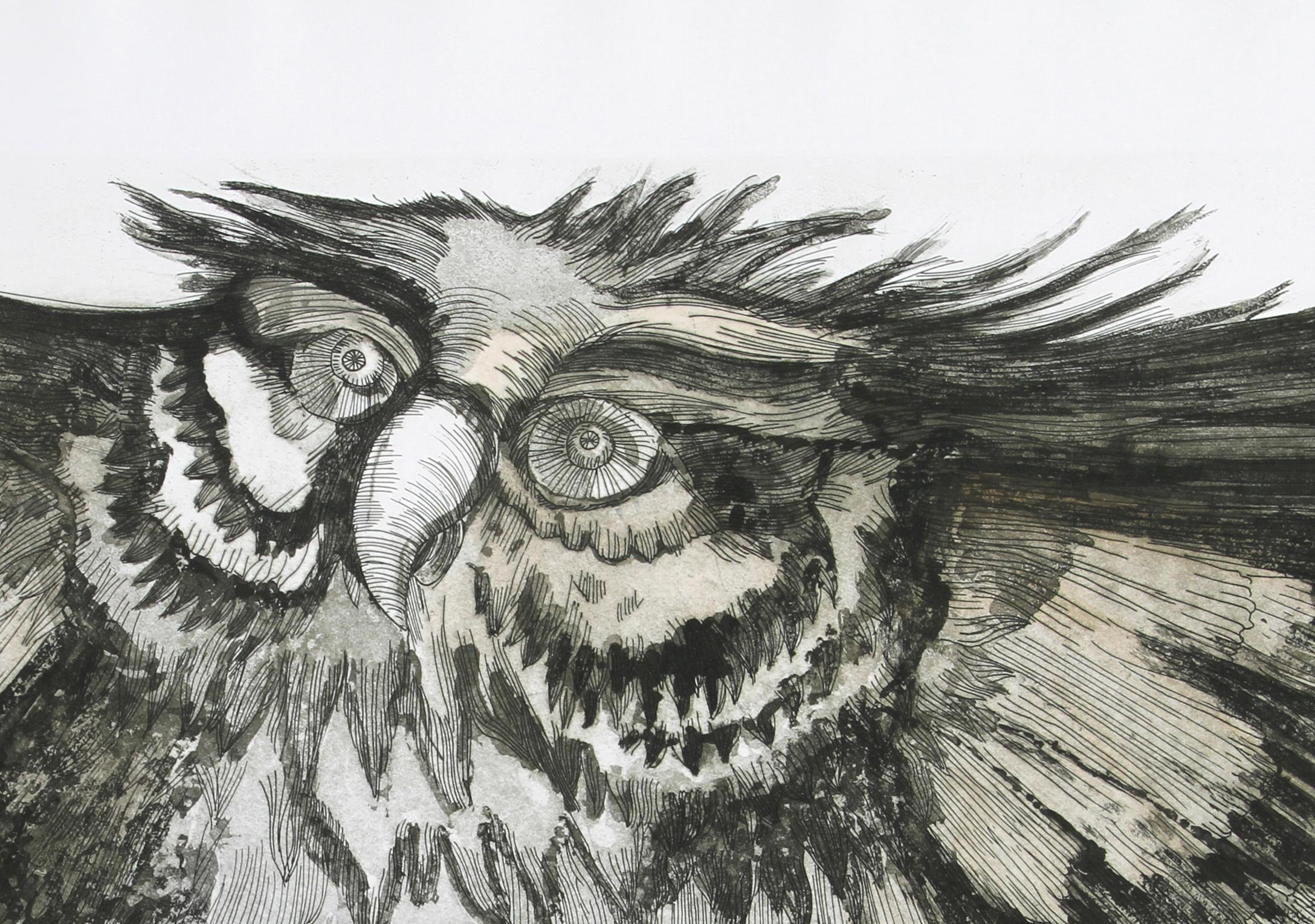 Old Owl, Etching by Victor Delfin 1