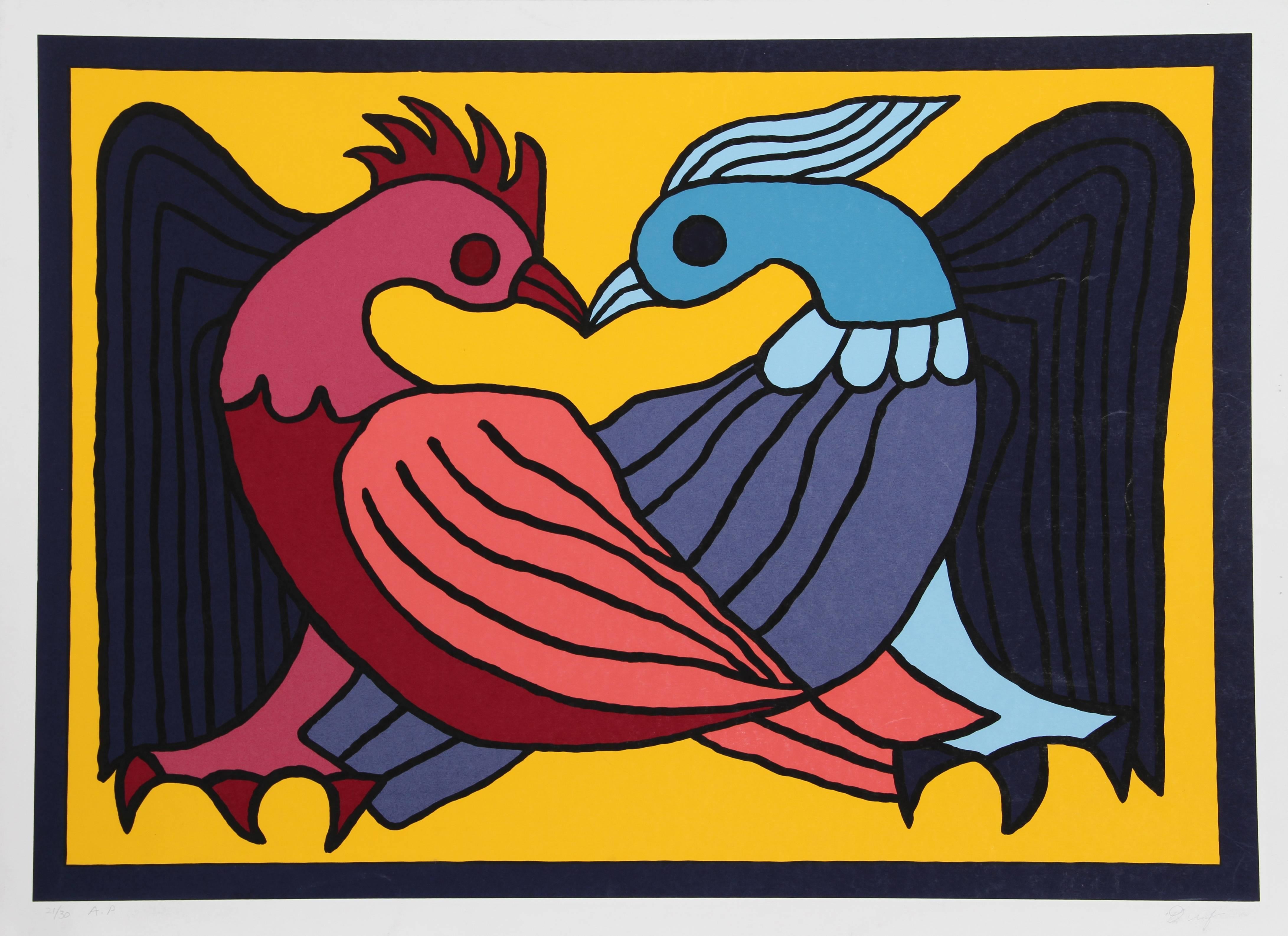This print was created by Peruvian artist Victor Delfin. Delfin found the source of his inspiration in the ancient Paracan culture of Peru, part of the broader Incan civilization. Delfin's paintings and tapestries of birds reveals the depth of his