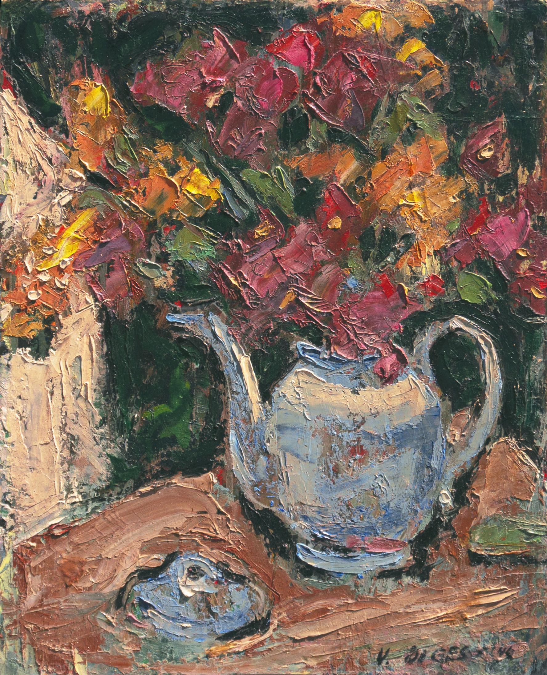 Victor Di Gesu Still-Life Painting – „Flowers in a Blue Teapot“, Paris, Louvre, Salon d'Automne, LACMA, Carmel, SFAA