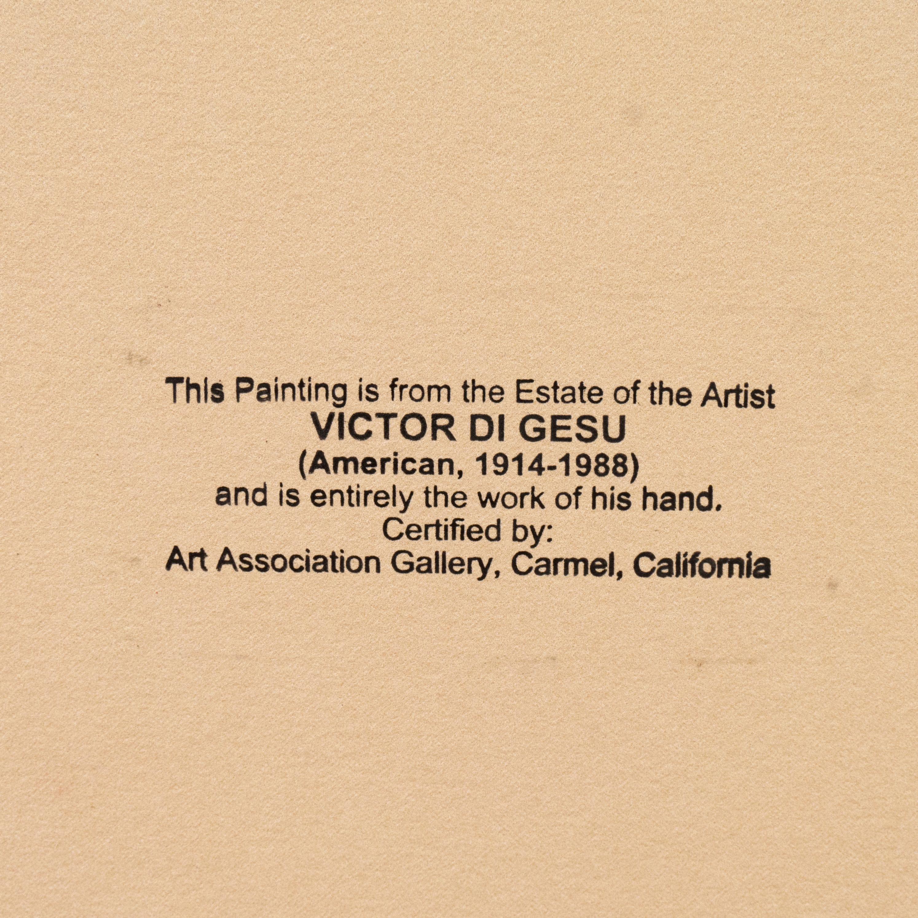 Painted circa 1955 by Victor Di Gesu (American, 1914-1988) and stamped verso with Victor di Gesu estate stamp.

Winner of the Prix Othon Friesz, Victor di Gesu first attended the Los Angeles Art Center and the Chouinard Art School before moving to