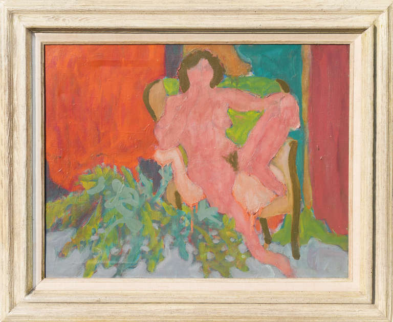 Seated Nude in Interior   (Post-Impressionism, Modernism, red, green, framed) - Painting by Victor Di Gesu