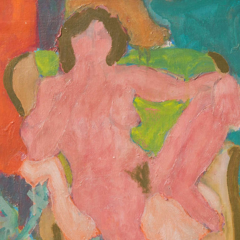 Seated Nude in Interior   (Post-Impressionism, Modernism, red, green, framed) - Post-Impressionist Painting by Victor Di Gesu