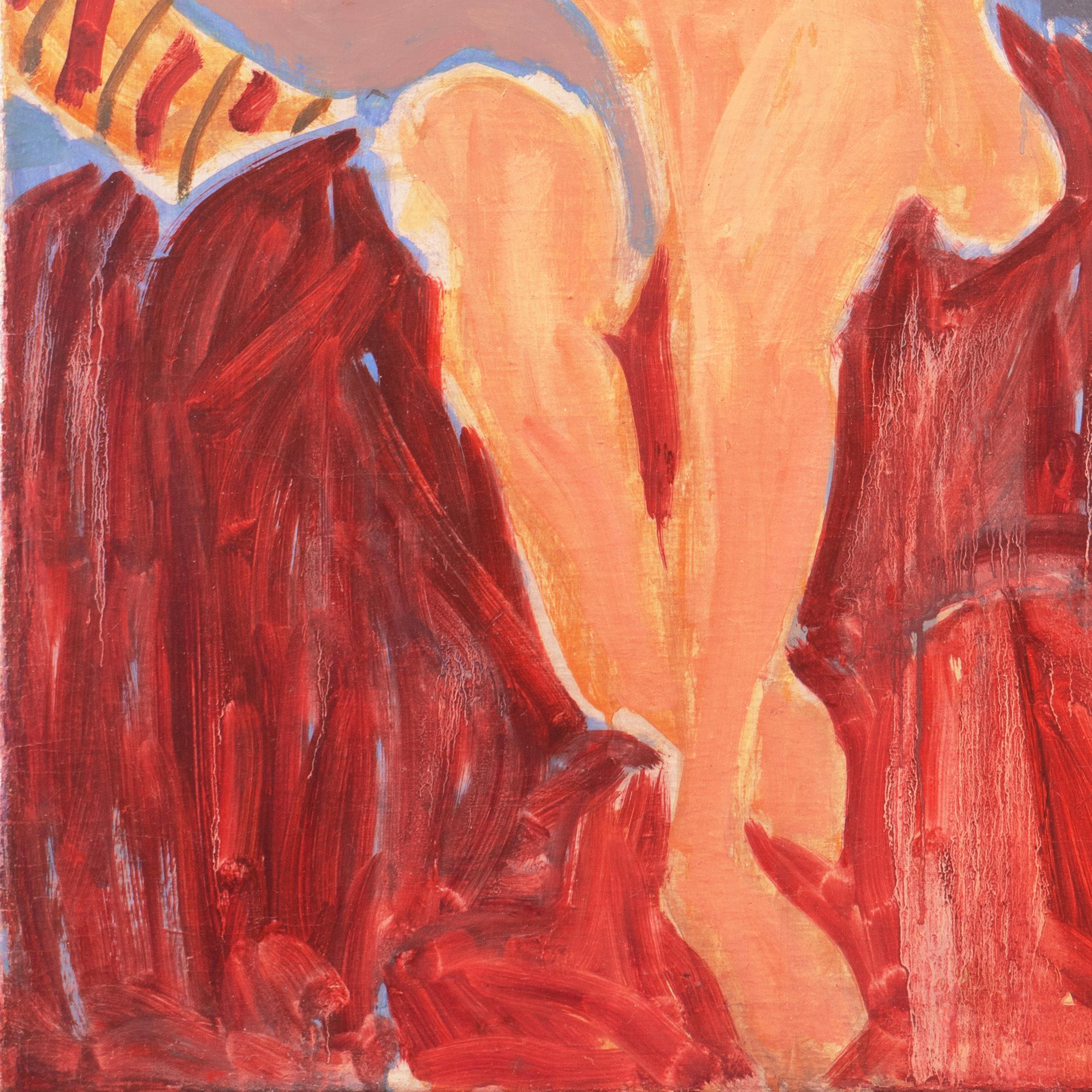 Verso mit dem Nachlassstempel von Victor Di Gesu (Amerikaner, 1914-1988) gestempelt und um 1958 gemalt.

Ein bedeutendes Ölgemälde im postimpressionistischen Stil, das eine junge Frau zeigt, die nackt auf einer rubinroten Decke sitzt und sich an ein