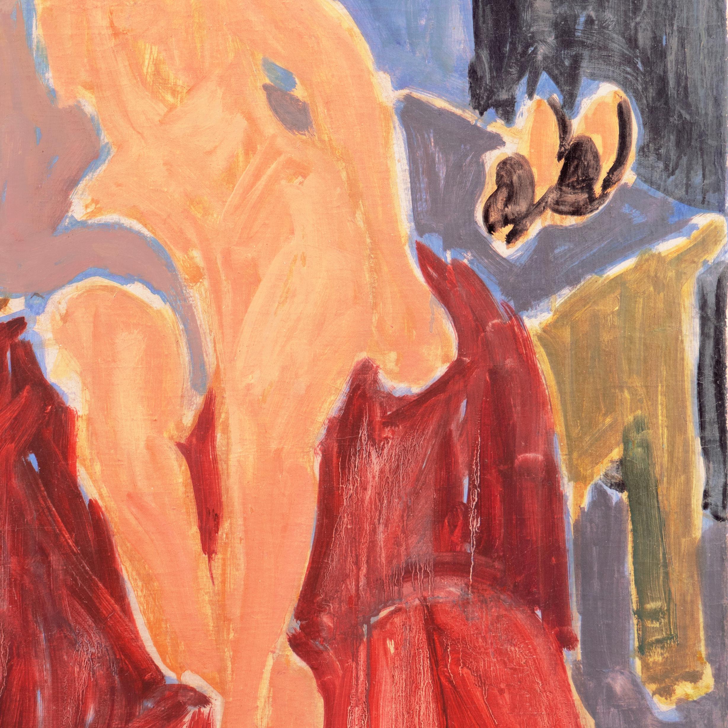 Stamped, verso, with the estate stamp for Victor Di Gesu (American, 1914-1988) and painted circa 1958.

A substantial, Post-Impressionist style figural oil showing a young woman seated naked on a ruby-red blanket and leaning against a large pillow