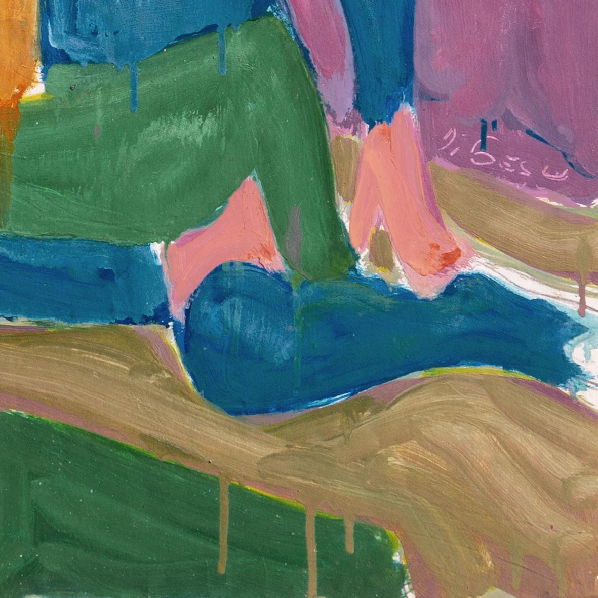 Le cachet de la succession de Victor Di Gesu (Américain, 1914-1988) est apposé au verso et l'œuvre a été peinte vers 1965. 

Une huile figurative post-impressionniste audacieuse représentant une jeune femme assise sur un banc, les genoux