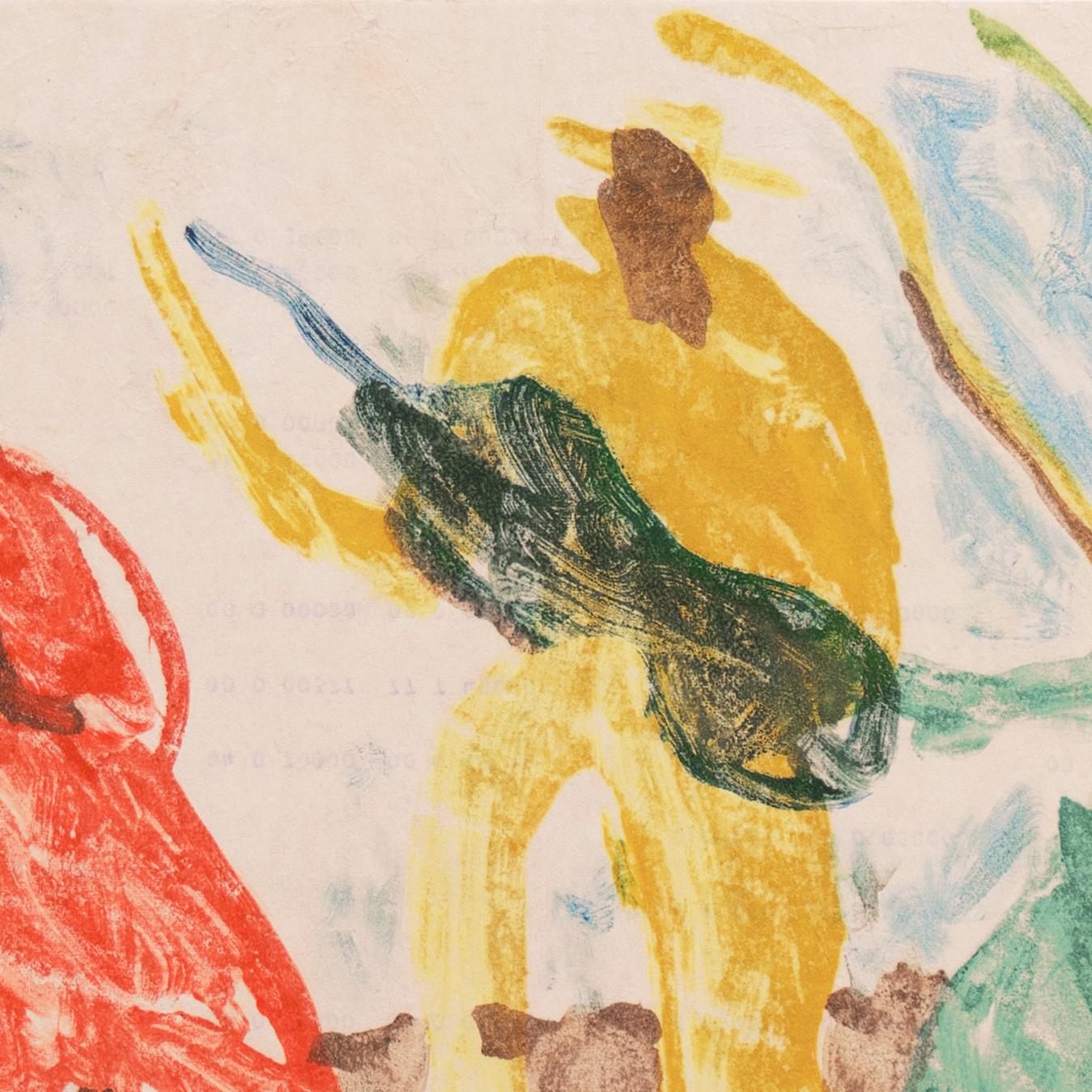 Verso gestempelt mit dem Nachlassstempel von Victor Di Gesu (Amerikaner, 1914-1988), geschaffen um 1955.

Eine postimpressionistische figurale Monotypie, die eine Frau unter einem Baum im Vordergrund zeigt, hinter der ein Gitarrist und eine
