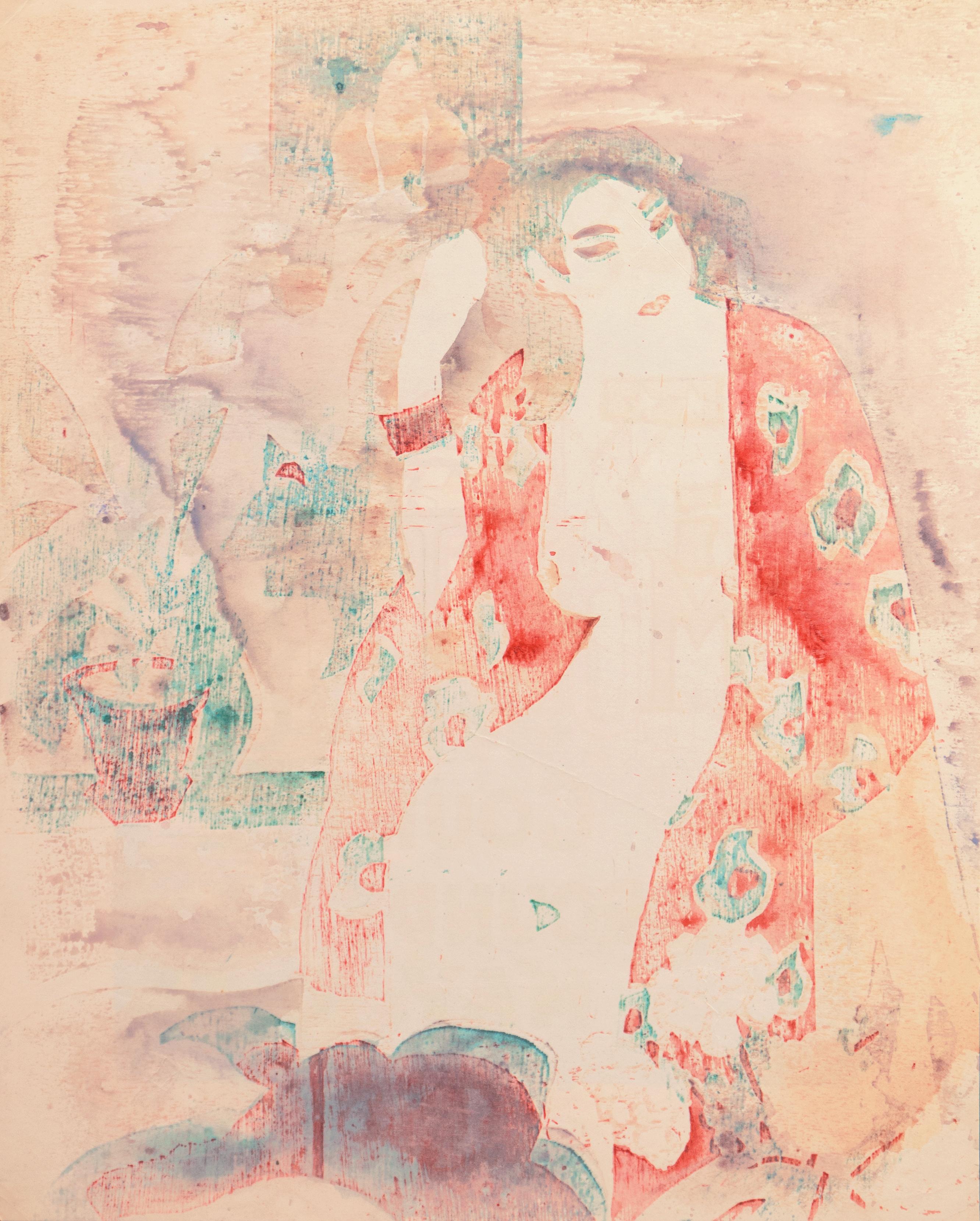 Victor Di Gesu Figurative Print - 'The Red Kimono', Paris, Louvre, Academie Chaumiere, California, SFAA, LACMA