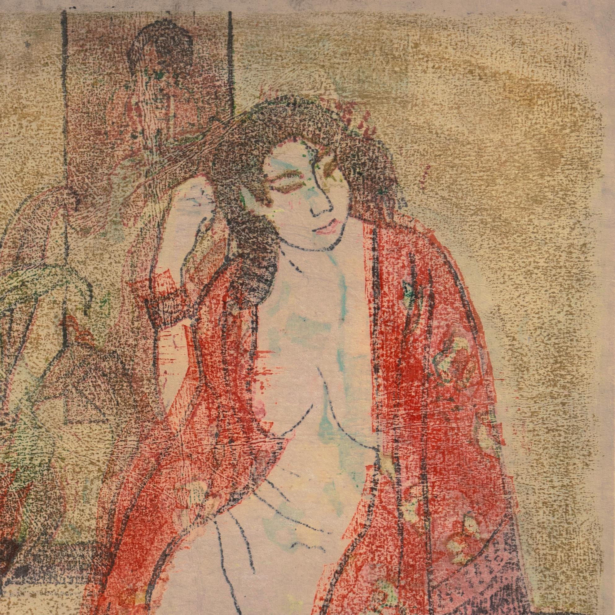 Sello de propiedad, verso, a nombre de Victor Di Gesu (estadounidense, 1914-1988) y creado hacia 1950.

Un monotipo sustancial que muestra a una mujer joven sentada, con el kimono abierto y cepillándose el pelo mientras mira directamente al
