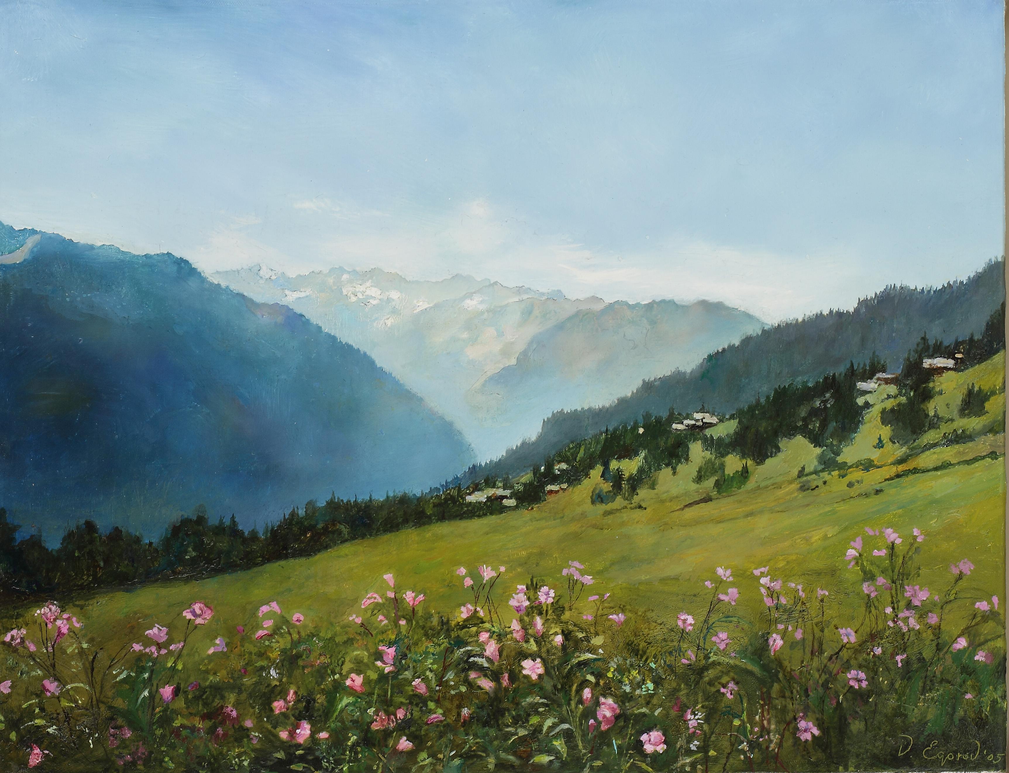 Verbier Spring -Victor Egorov, Russian, Switzerland, Spring, Alps, Oil, Mountain For Sale 2