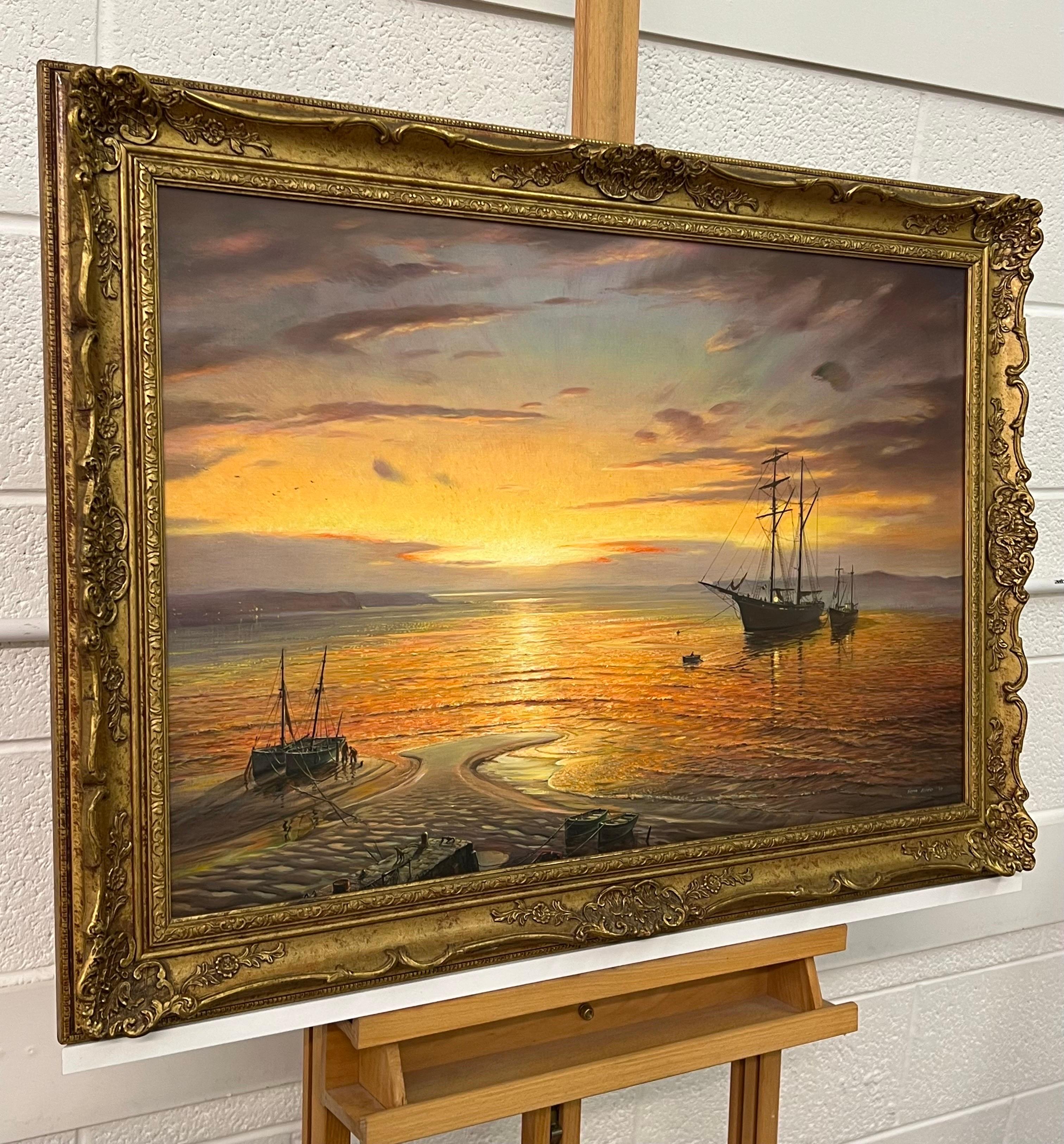 Pittura a olio di navi e figure nella baia al tramonto dell'artista britannico del XX secolo Victor Elford (1911 - 2003) 

L'arte misura 30 x 20 pollici 
La cornice misura 35 x 25 pollici 

Olio su tela, firmato in basso a destra, presentato nella