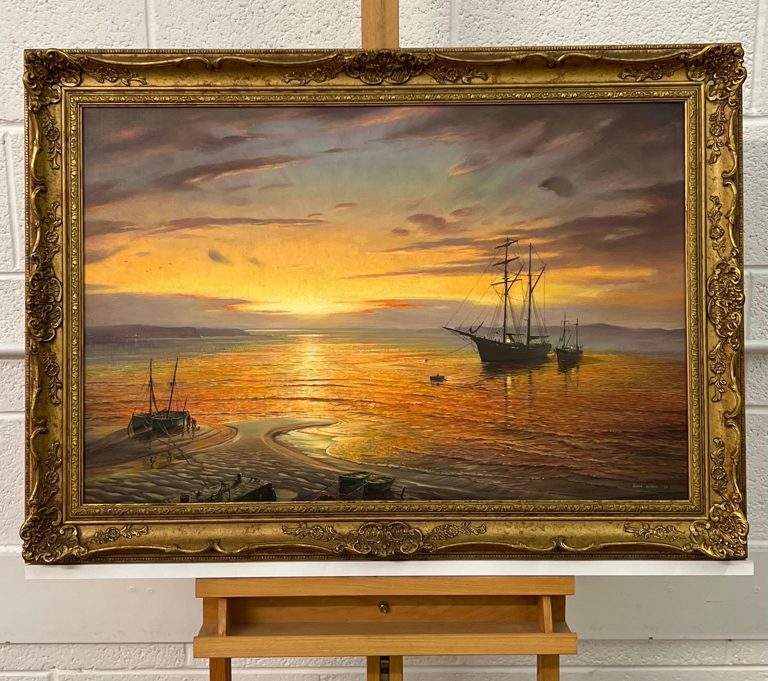 Pittura a olio di navi nella baia al tramonto di un artista britannico del 20° secolo 1