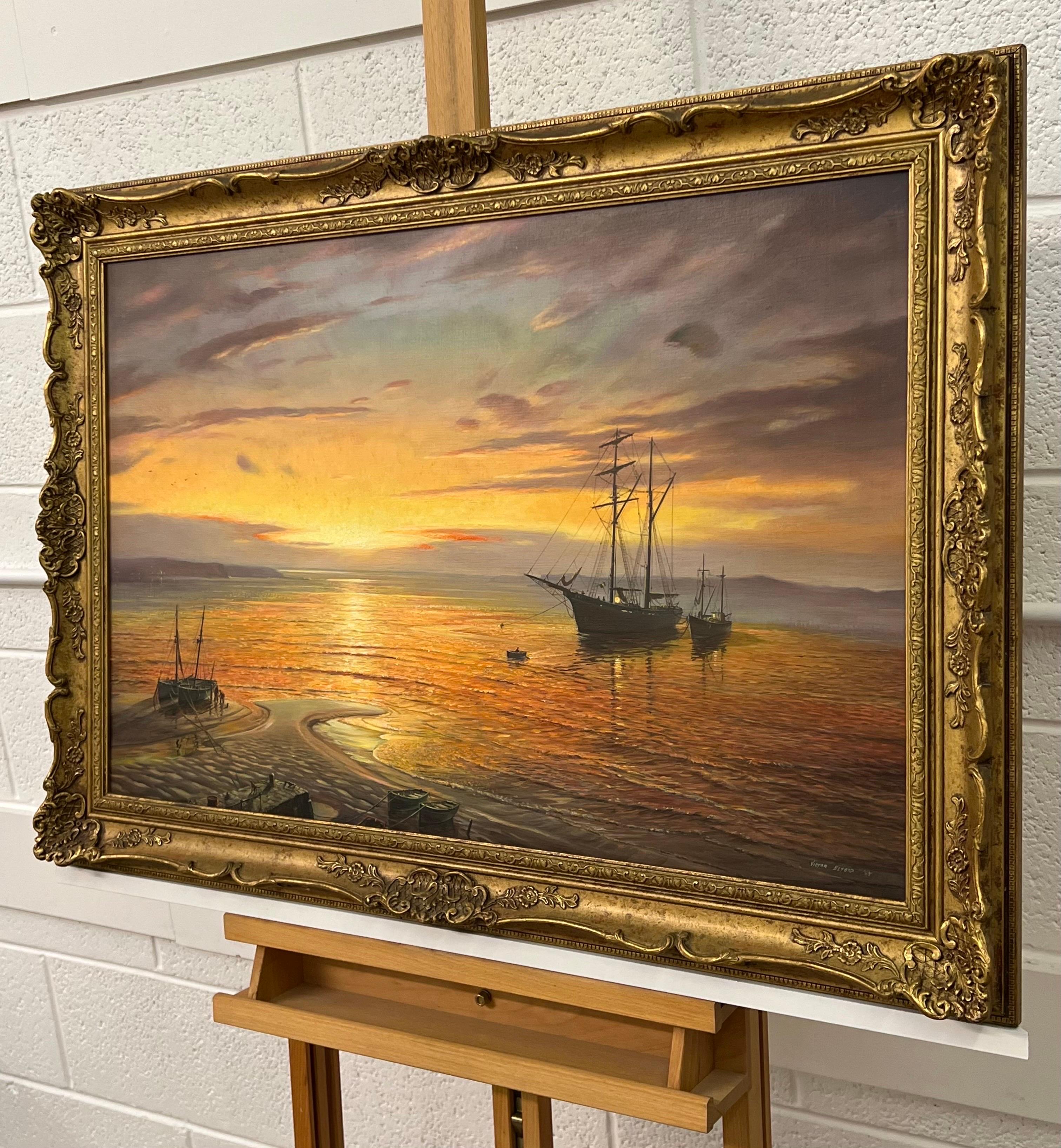 Pittura a olio di navi nella baia al tramonto di un artista britannico del 20° secolo 2