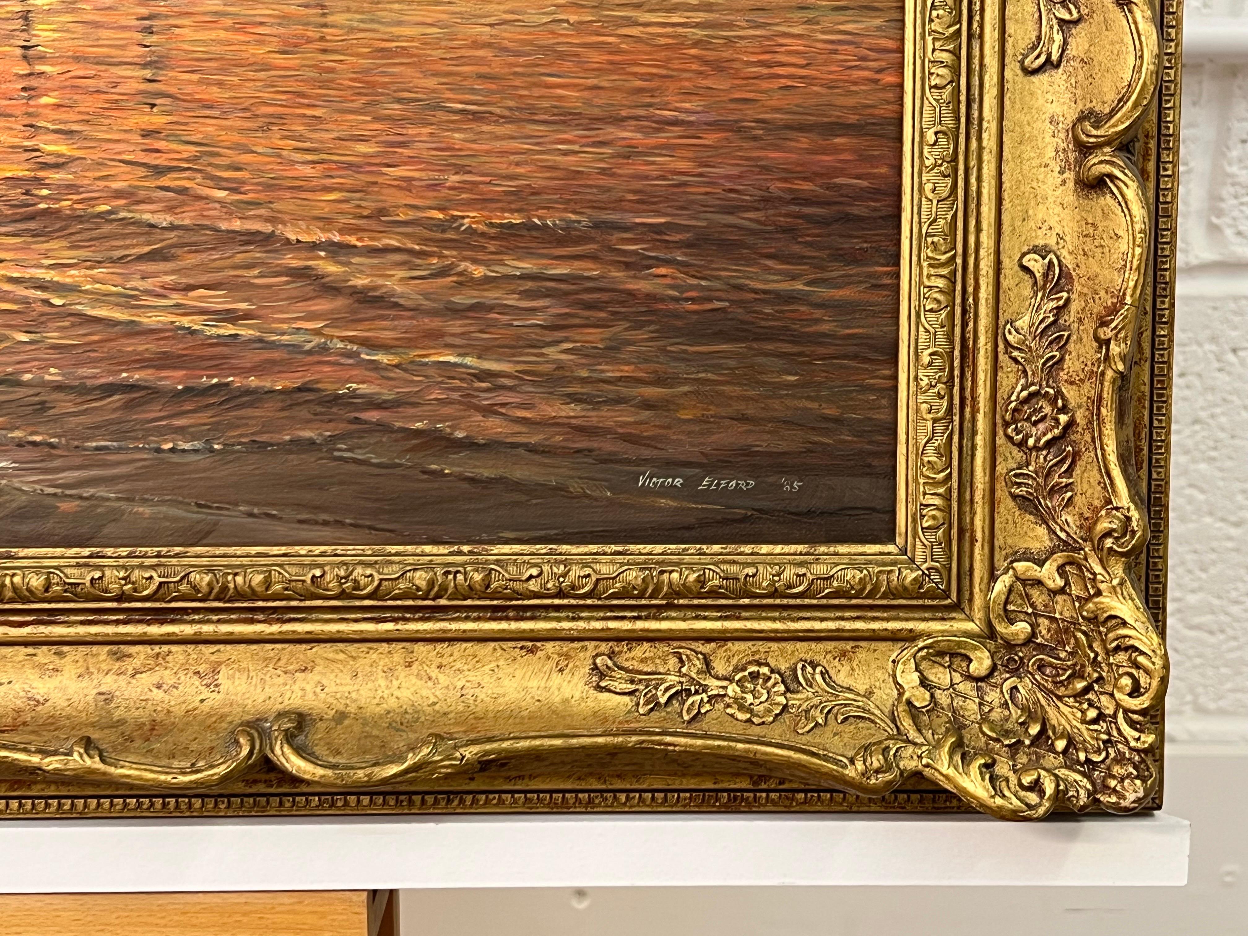 Pittura a olio di navi nella baia al tramonto di un artista britannico del 20° secolo 3