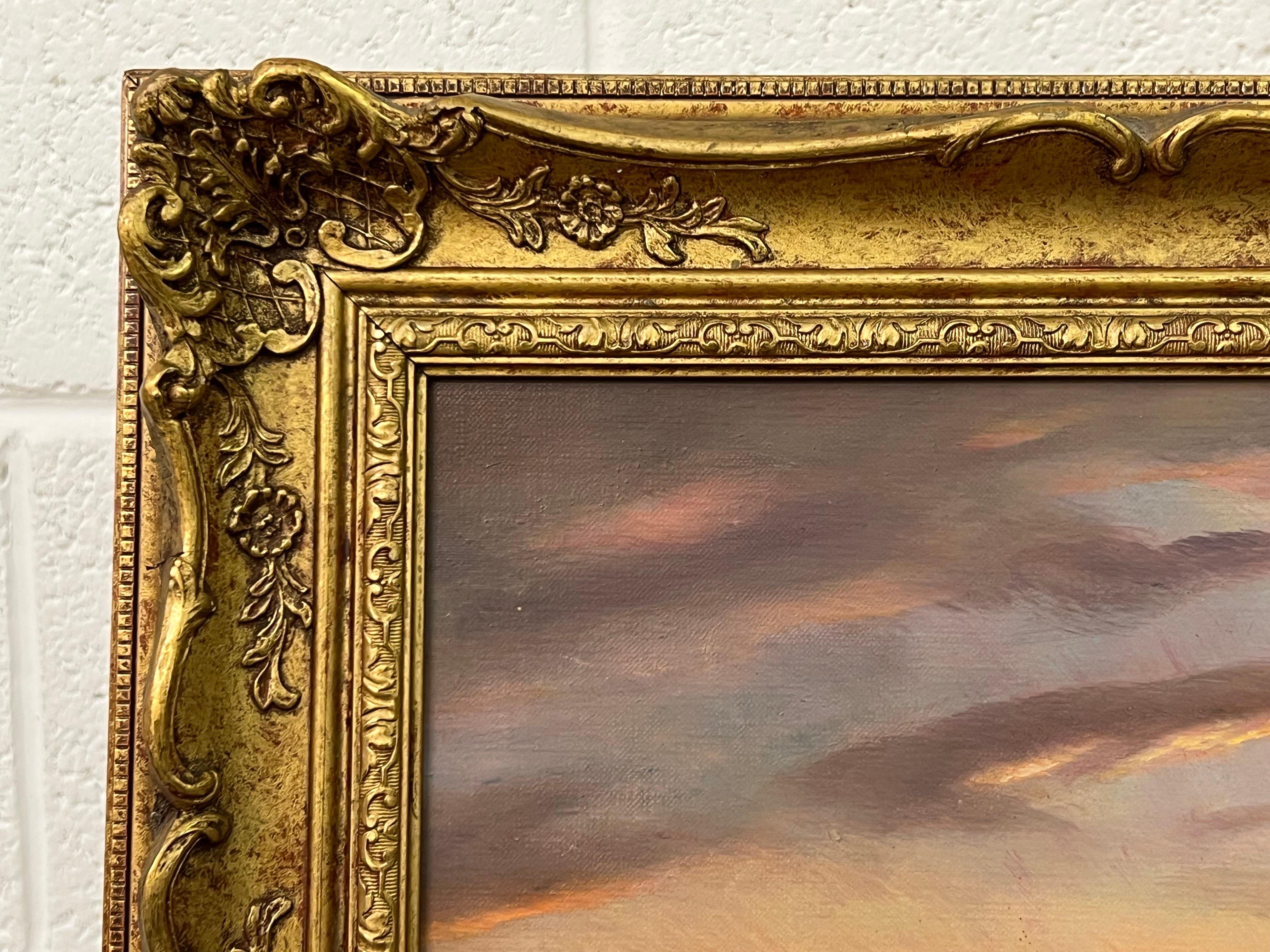 Pittura a olio di navi nella baia al tramonto di un artista britannico del 20° secolo 4