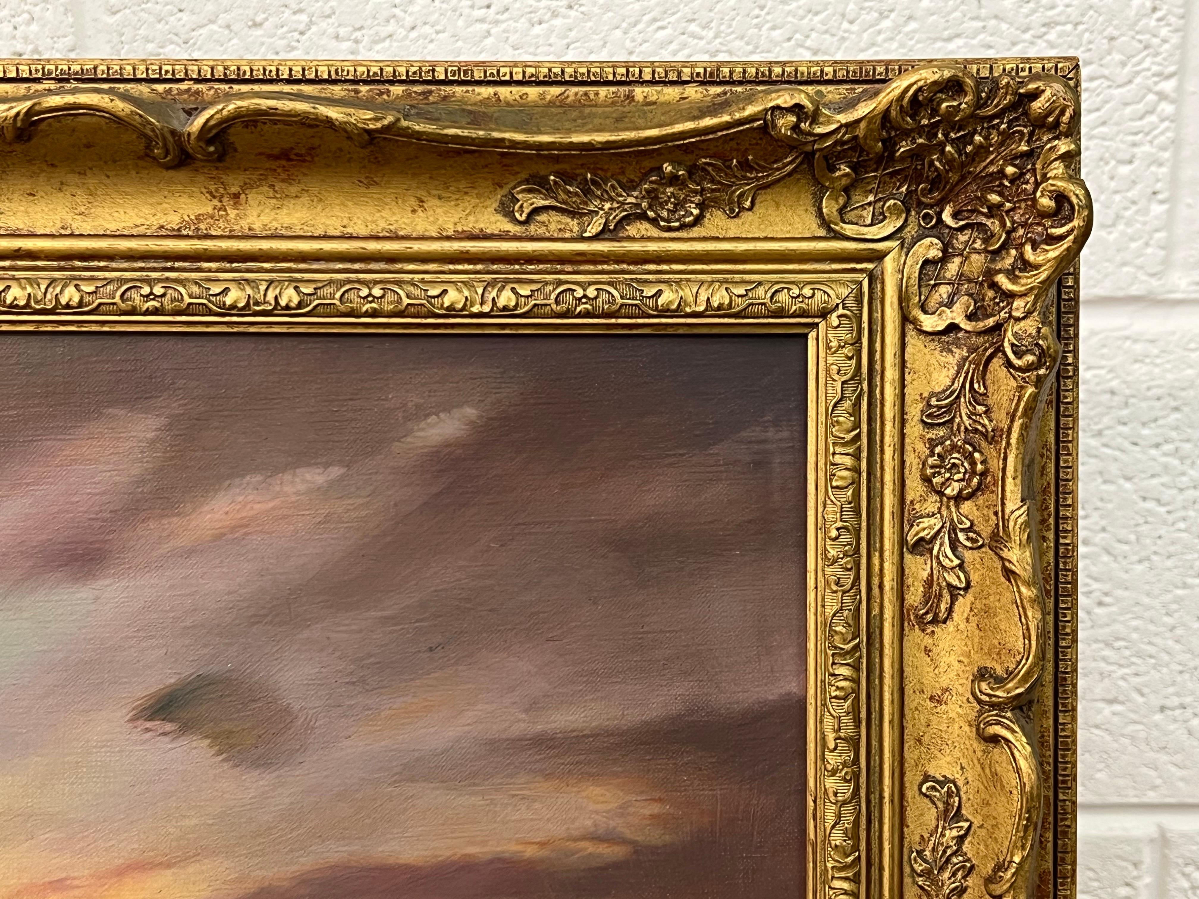 Pittura a olio di navi nella baia al tramonto di un artista britannico del 20° secolo 6
