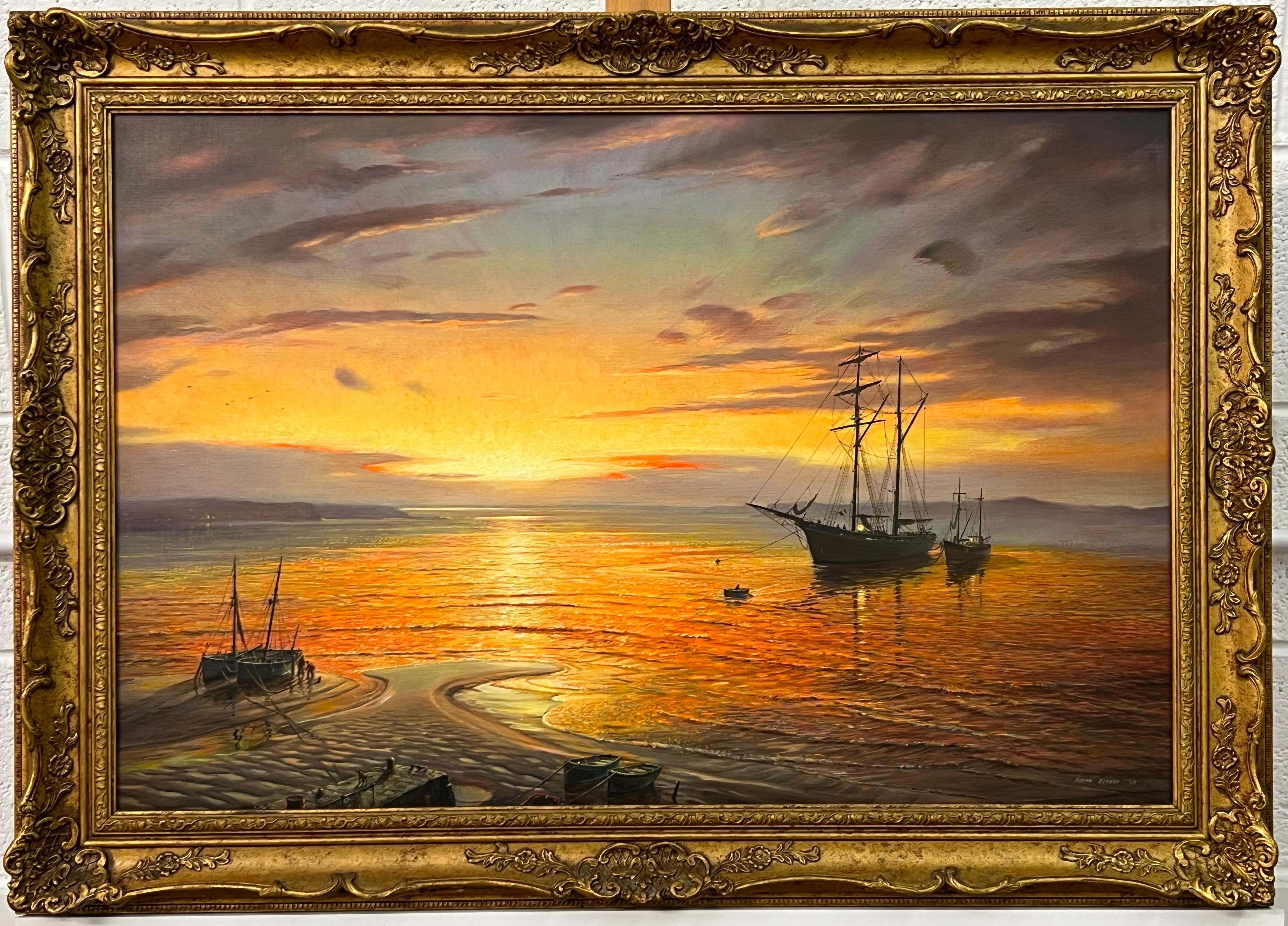 Pittura a olio di navi nella baia al tramonto di un artista britannico del 20° secolo 7