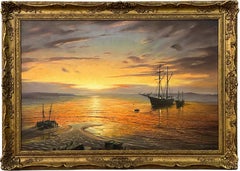 Oil Painting of Ships in the Bay at Sunset by 20th Century British Artist