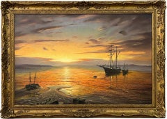 Ölgemälde von Schiffen in der Bucht bei Sonnenuntergang des britischen Künstlers aus dem 20. Jahrhundert