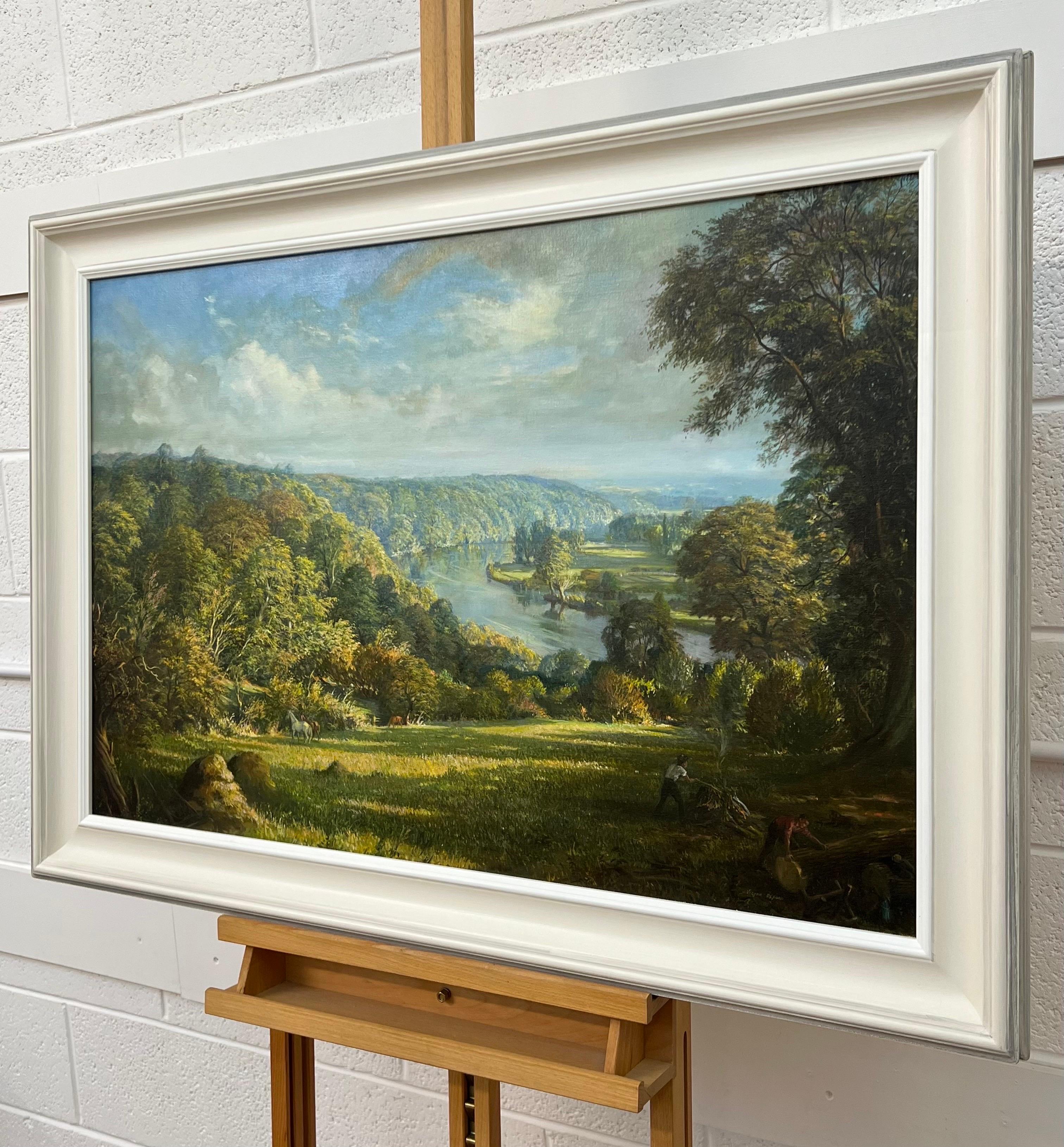 Themse von Clivedon Woodland Garden London des britischen Künstlers des 20. Jahrhunderts, Victor Elford (1911 - 2003). Dieses Gemälde ist eine schöne Darstellung von Pferden in einem hochgelegenen Waldgebiet mit Blick auf die Themse, mit Figuren,