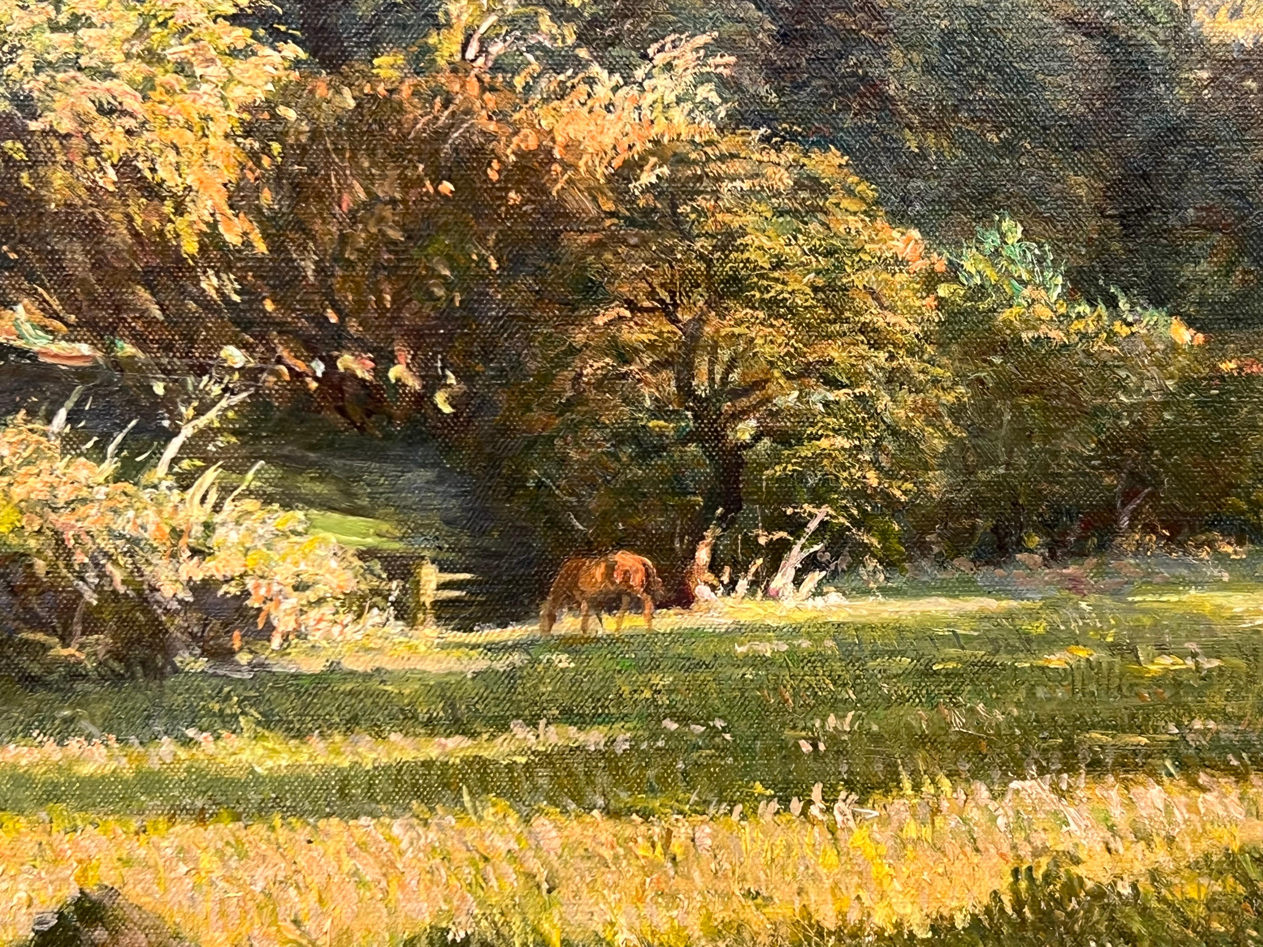 River Thames from Clivedon Woodland Garden London by 20th Century British Artist, Victor Elford (1911 - 2003). This painting is a beautiful depiction of horses in elevated woodland overlooking the River Thames, with figures working on the land and