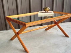 Victor Faux Bamboo Solid Pecan X Base Glass Top Coffee Table