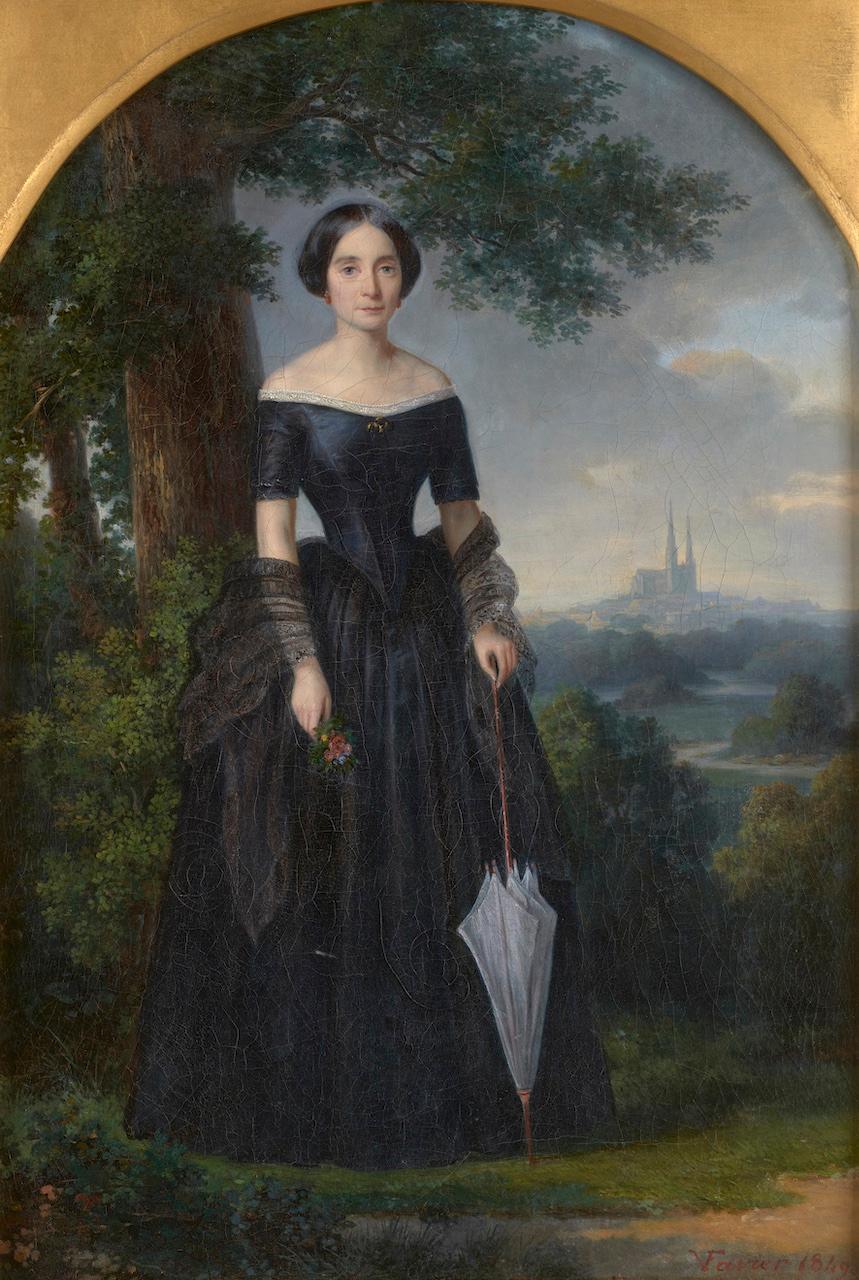 Portrait of Marie Despagne in front of Chartres Cathedral, France - Painting by Victor FAVIER