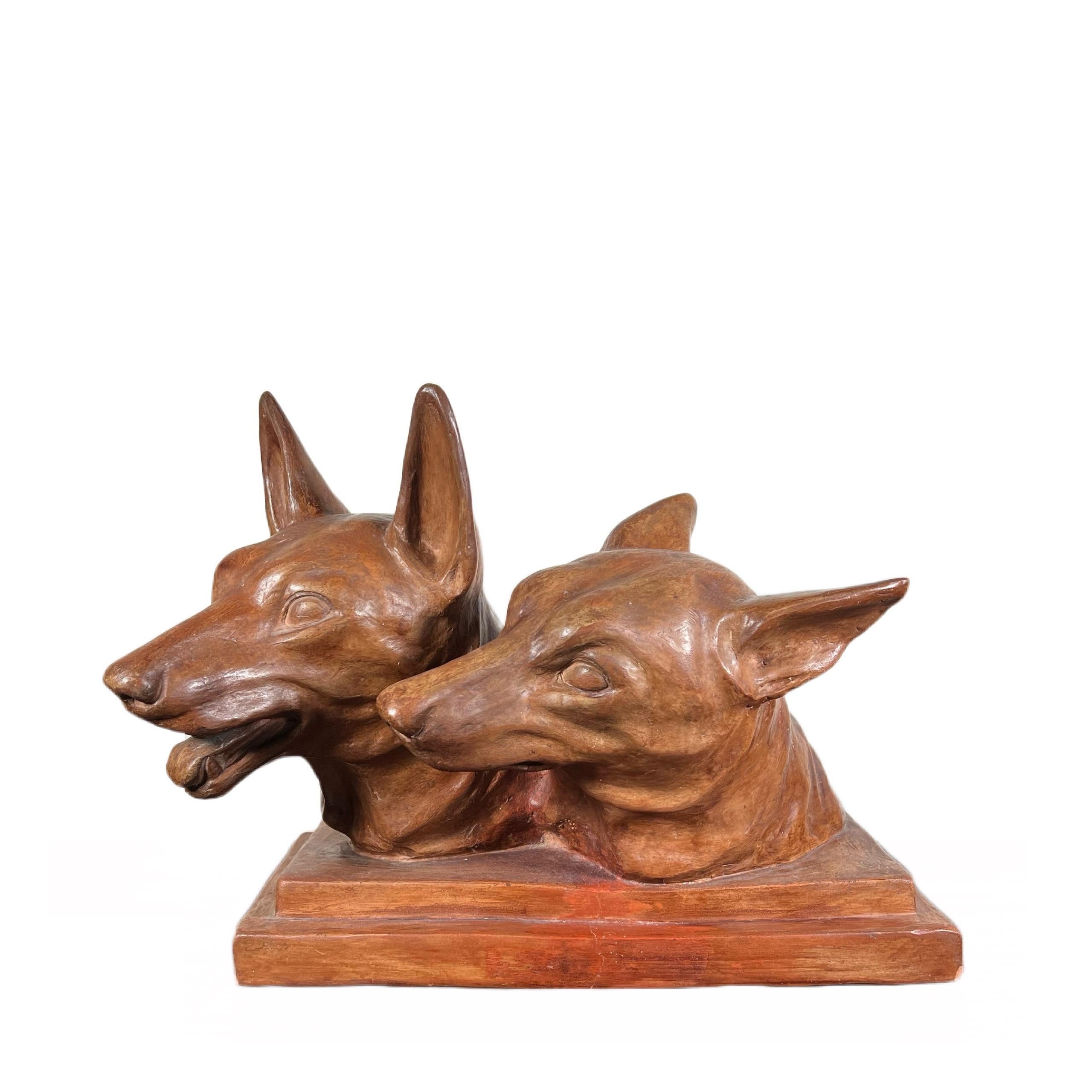 Victor Feltrin Terracotta Sculpture Of Two Dogs Art Deco For Sale