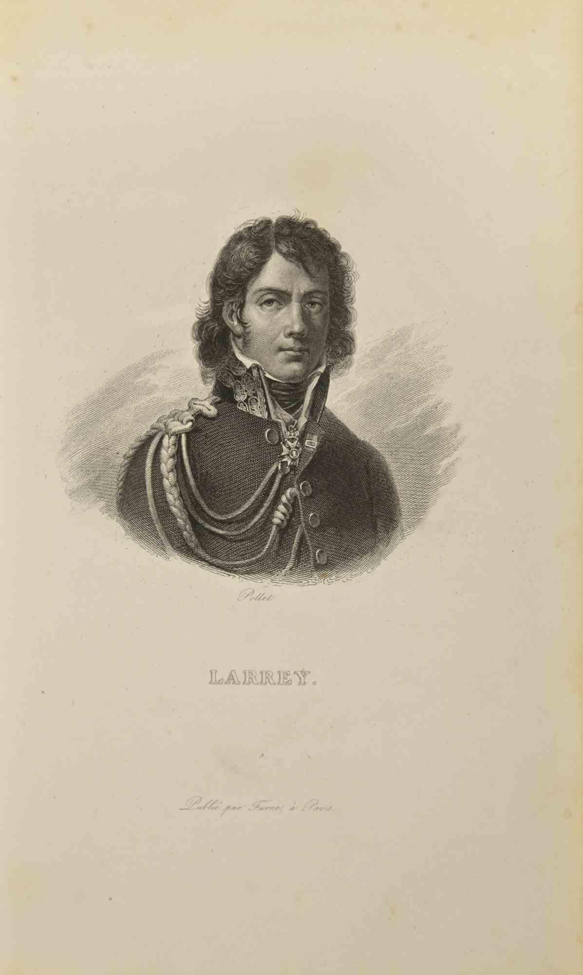 Larrey is an etching realized by Pollet in 1837.

Good conditions.

The artwork is realized in a well-balanced composition. the artwork and belongs to the suite suite "AtlasBatt" realized within Jacques Norvins' Histoire de Napoleon, published in