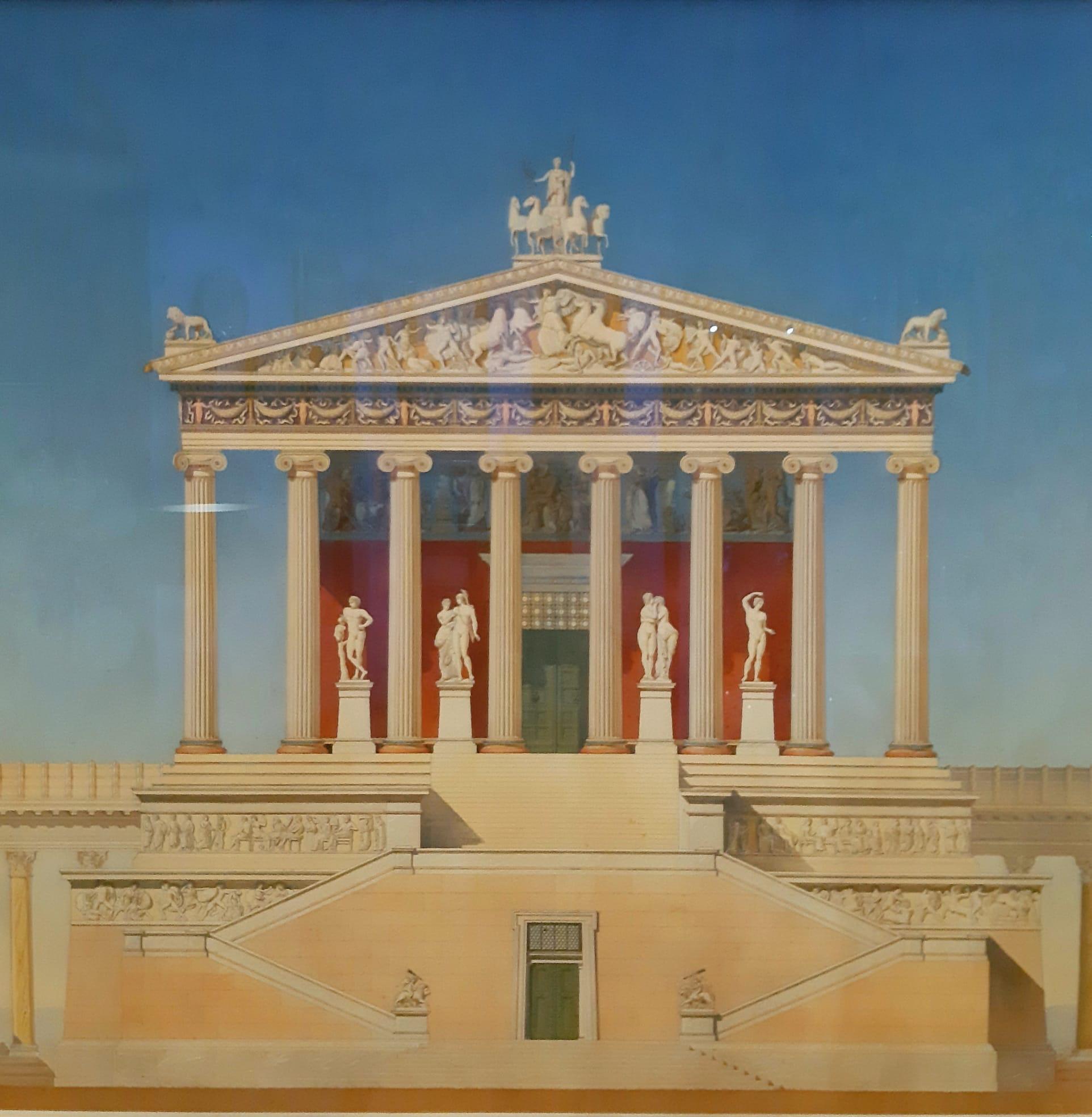 GRIECHISCHER TEMPEL, ARCHITEKTONISCHER ENTWURF

Victor Forabosco (Ende des 19./Anfang des 20. Jahrhunderts)


1895/6
Aquarell auf Papier, 50 x 97 cm
Victor Forabosco war ein Baumeister, d.h. Architekt, Statiker, Bauingenieur und Bauleiter in einer