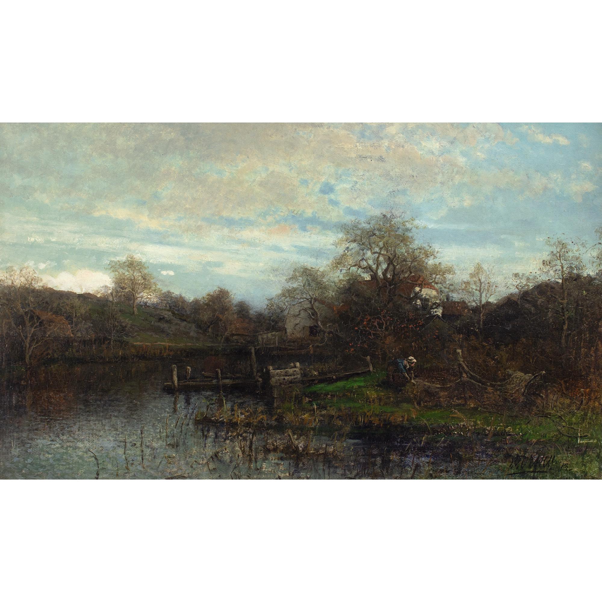 Victor Forssell, Paysage fluvial avec cottages, peinture à l'huile  en vente 1