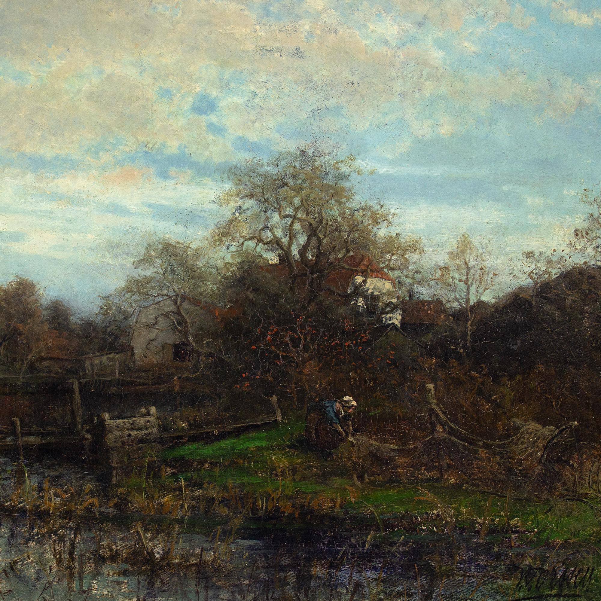 Victor Forssell, Paysage fluvial avec cottages, peinture à l'huile  en vente 6