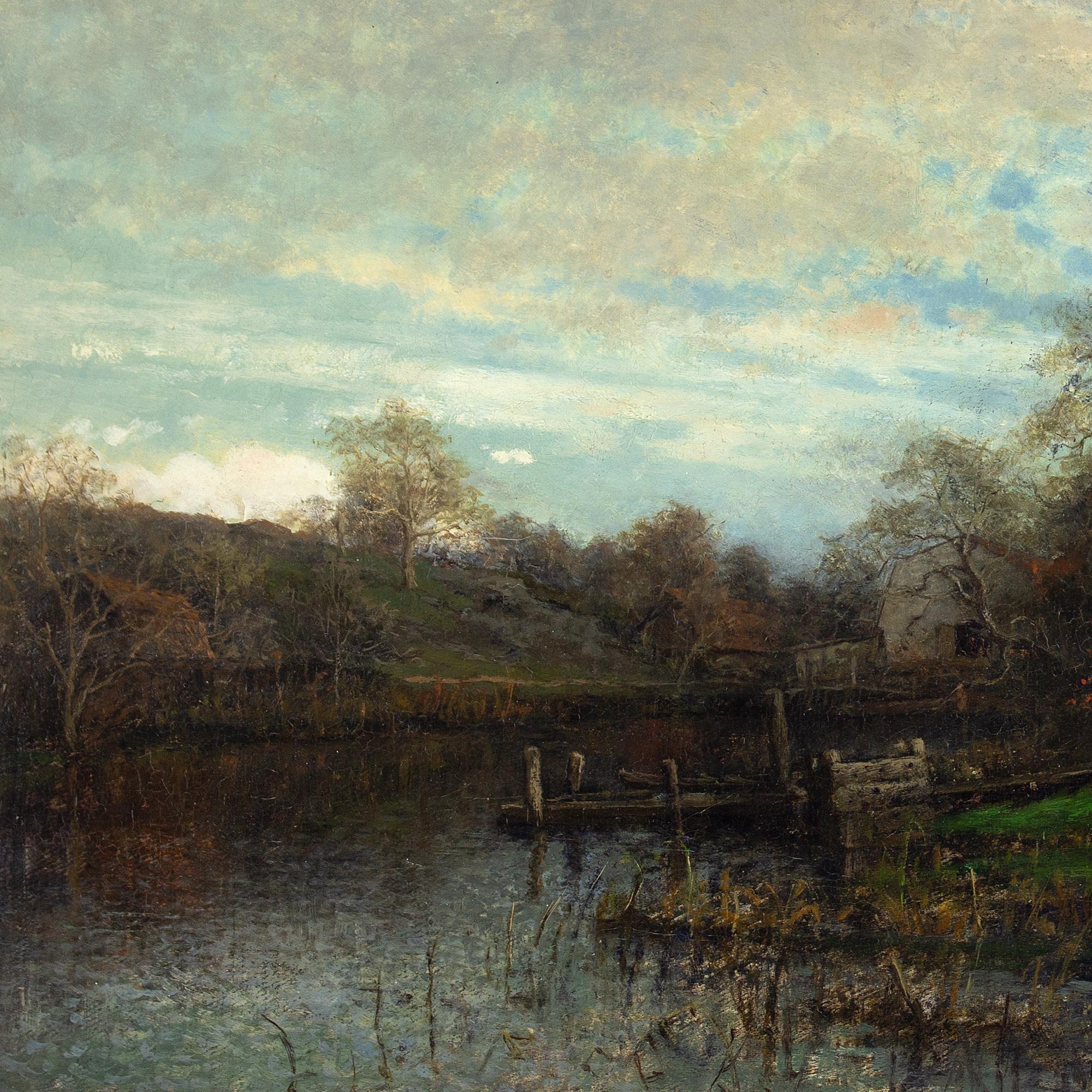 Victor Forssell, Paysage fluvial avec cottages, peinture à l'huile  en vente 7