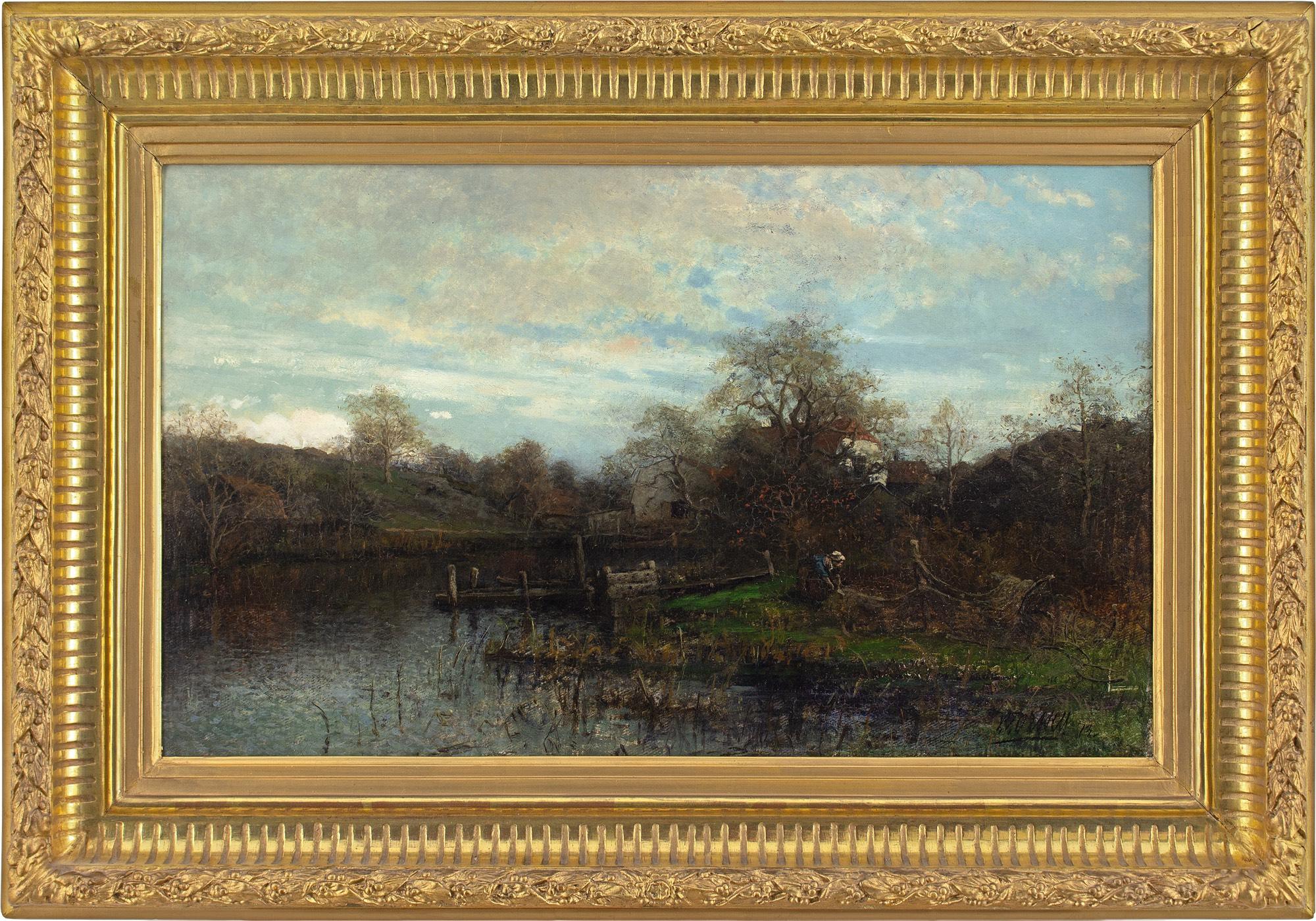 This spirited 19th-century oil painting by Swedish artist Victor Forssell (1846-1931) depicts a river landscape with cottages and figure.

Painted in 1873, this sublime piece typifies the majestic handling of a celebrated artist with the world at