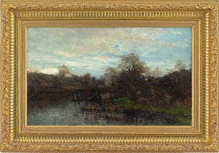 Victor Forssell, Paysage fluvial avec cottages, peinture à l'huile 