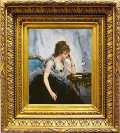 Antique 19th Century Academic Portrait, "Young Lady Writing a Letter"